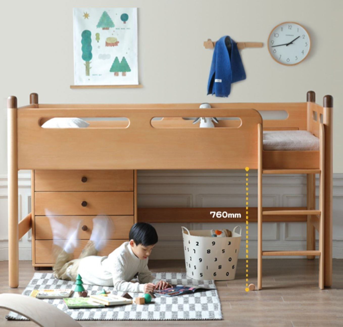 Solid Oak Wood Mid-High Bed with Slanted Ladder - Sturdy Adult Loft Bed for Small Spaces, Dorm Rooms & Modern Apartments