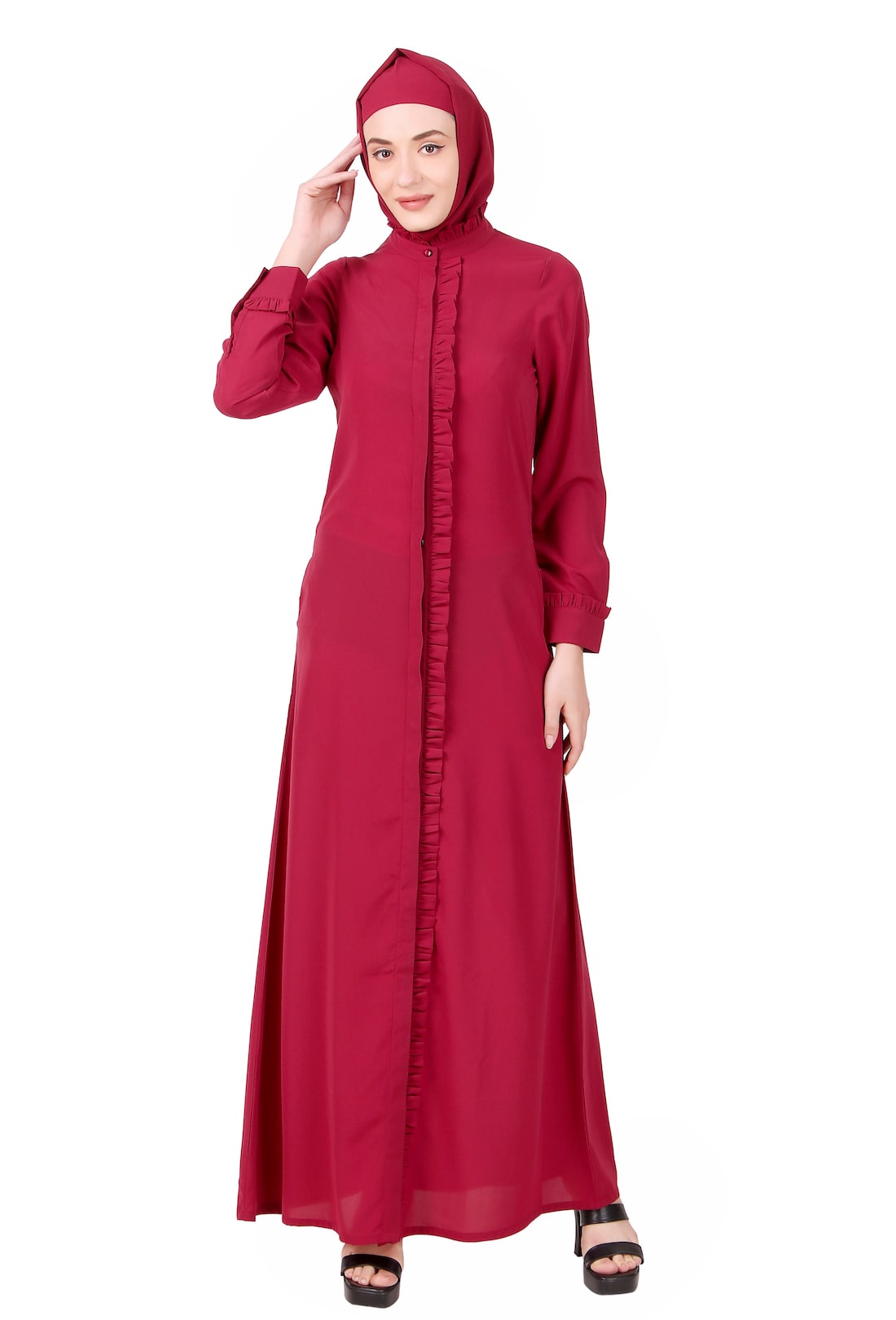 Elegant Full Front Open Abaya with Frills on Placket - Modest Muslim Dress for Women - Perfect for Prayer, Eid, and Special Occasions