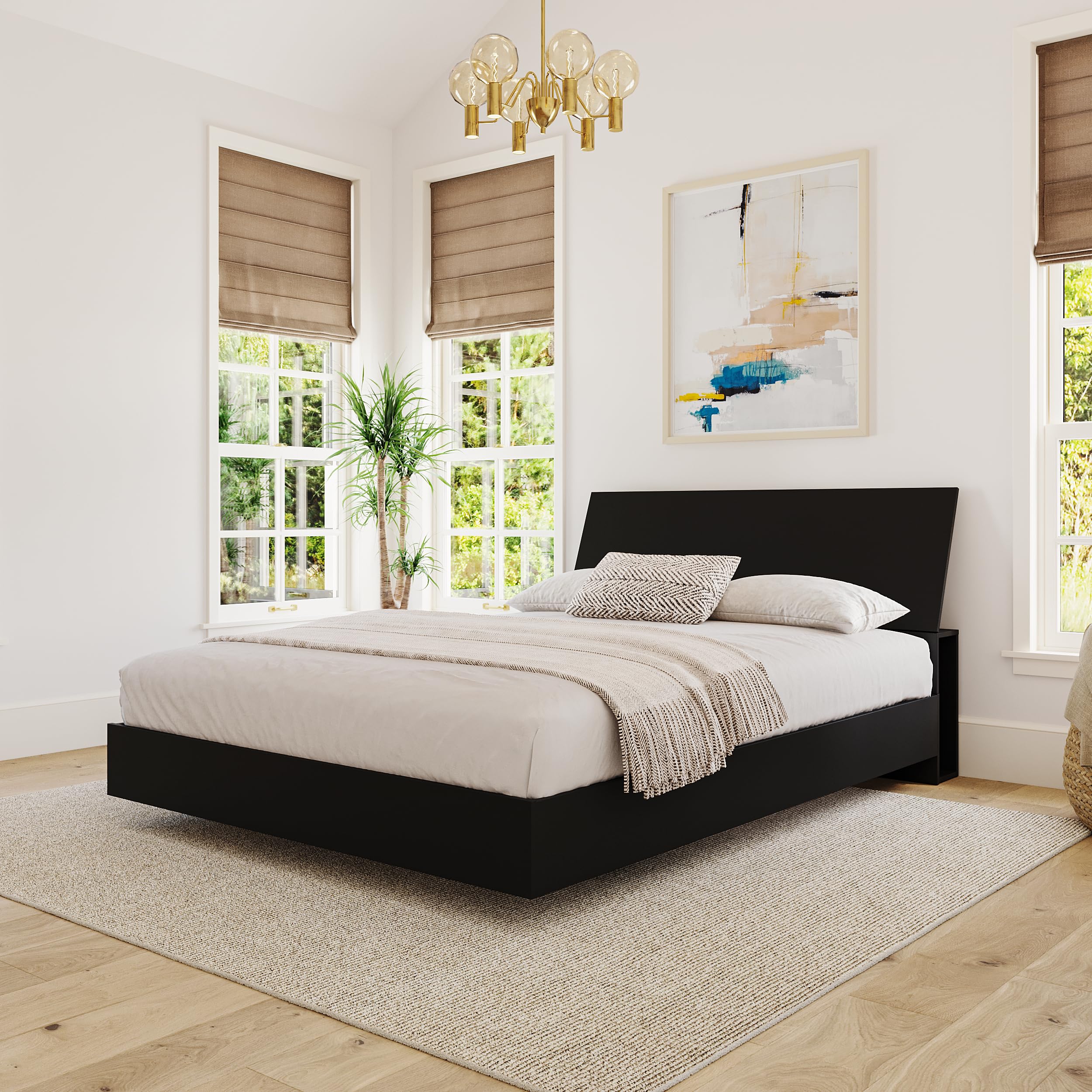 Nexera 2-Piece Queen Size Bed Set with Sturdy Metal Bed Frame & Upholstered Headboard - Black | Modern Bedroom Furniture for Small Spaces & Guest Rooms