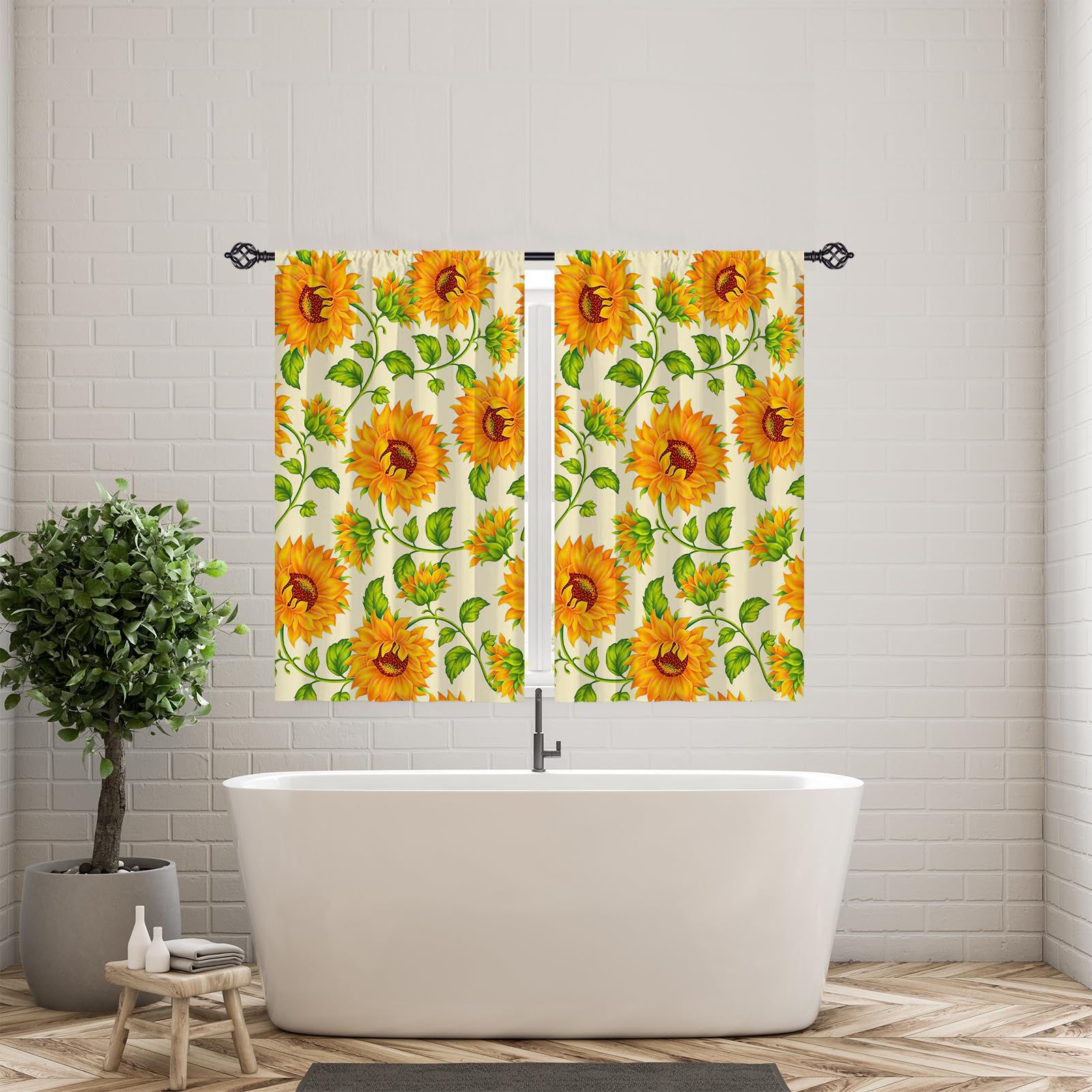 ANHOPE Sunflower Oil Painting Curtains - Yellow Flower Green Leaf Botanical Print Window Drapes, Rod Pocket Blackout Curtains for Bedroom, Living Room, Office & Cafe (2 Panels, 42x63 Inches) - Perfect for Farmhouse Decor, Sunroom & Cozy Spaces