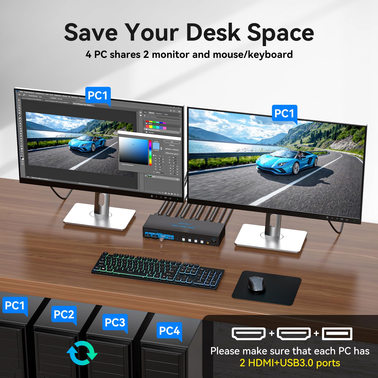 AILVLVNG 4K60Hz HDMI KVM Switch - 4 Port USB 3.0 Hub for 4 Computers, Dual Monitor Support, Includes 12V Adapter & Remote Control - Perfect for Home Office, Gaming & Multi-Tasking Workstations