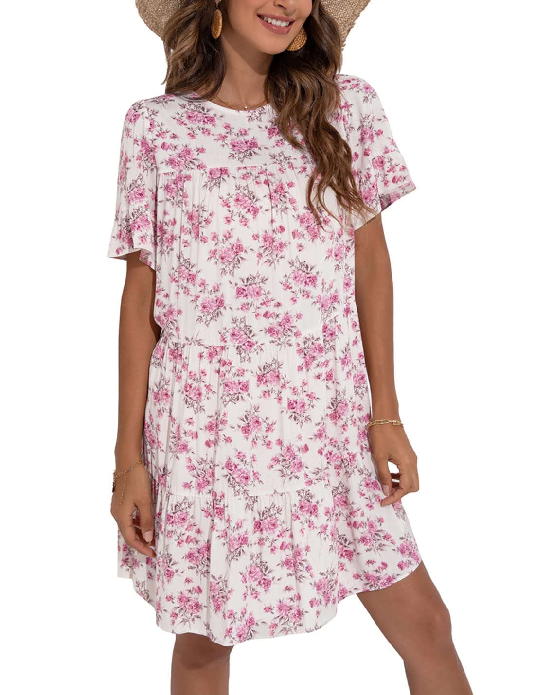 Locachy Women's Summer Floral Print Ruffle Sleeve Pleated Mini Dress - Casual Round Neck Sundress for Beach, Party & Vacation Outfits