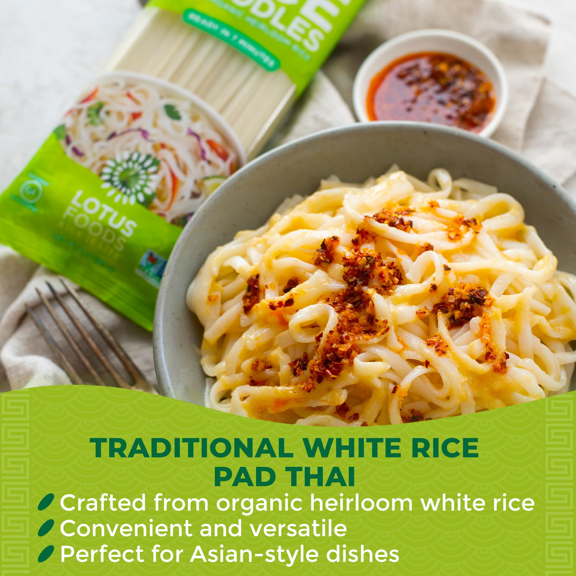 Lotus Foods Organic Pad Thai Rice Noodles - Gluten Free, Non-GMO, Whole Grain Asian Noodles - 8 Oz (Pack of 8) - Perfect for Stir-Fry, Soup & Authentic Thai Dishes