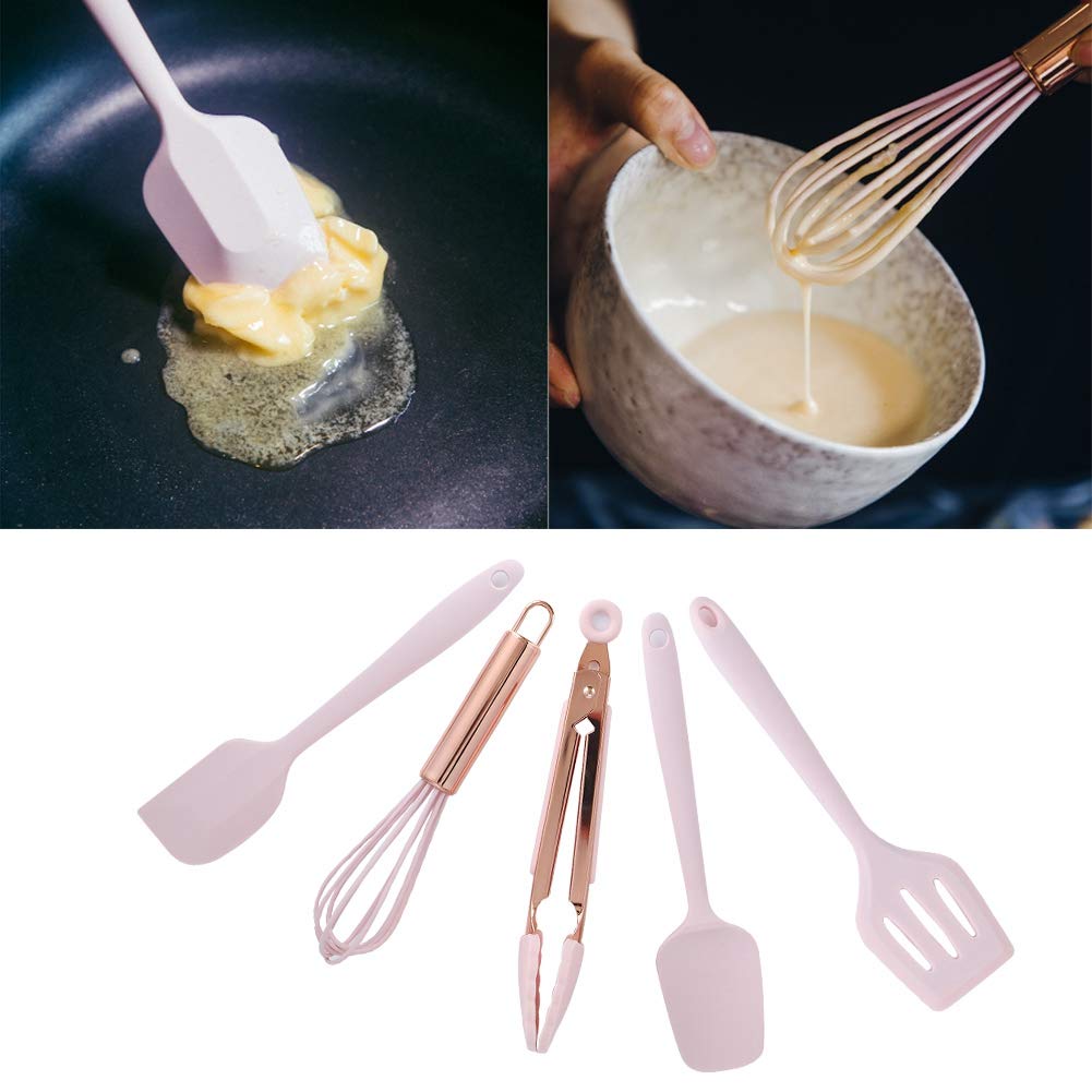 5-Piece Silicone Kitchen Utensil Set - Mini Baking Scrapers & Egg Beater with Rose Gold Handles - Safe Non-Toxic Children's Baking Tools for Cake Decorating, Cookie Dough, and DIY Dessert Making