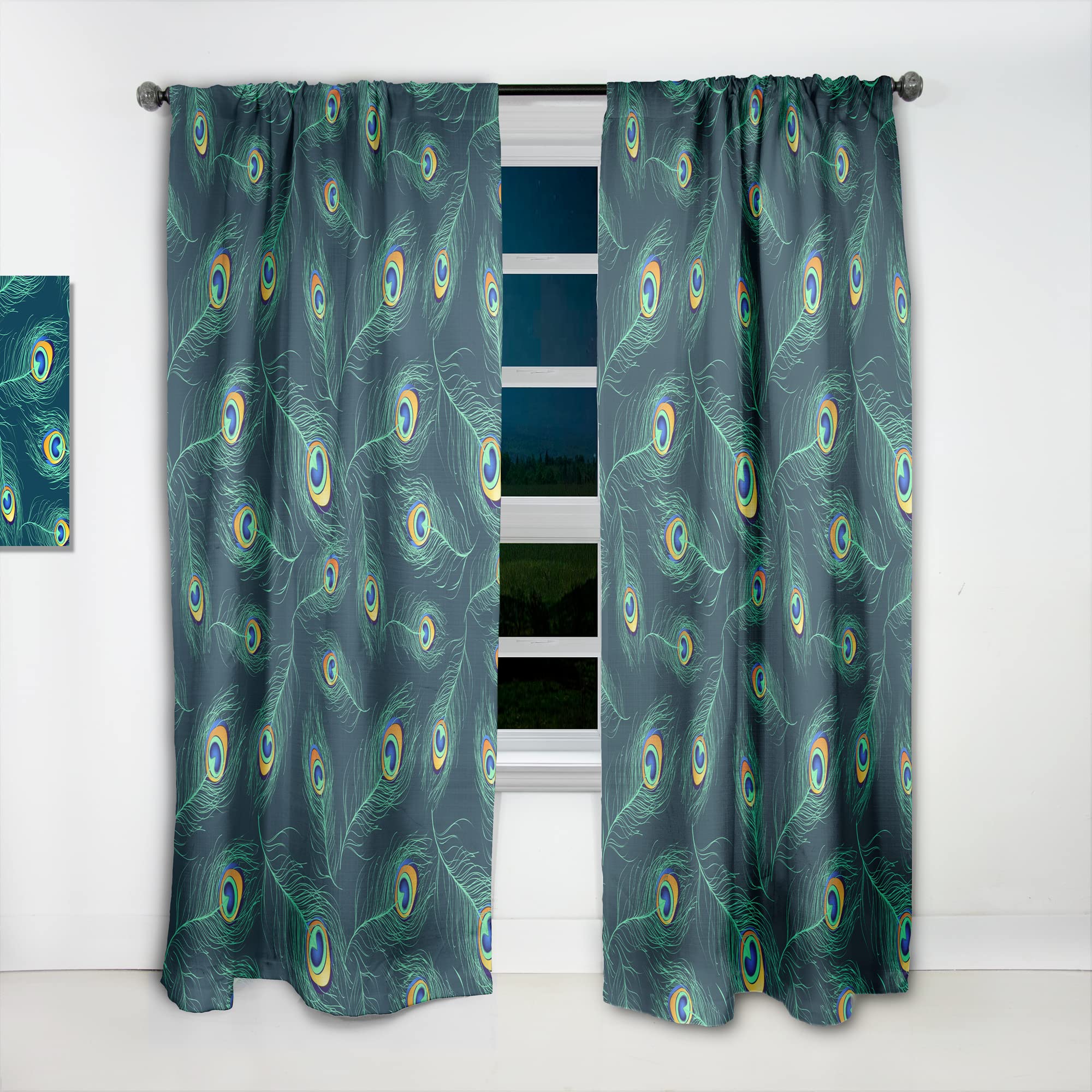 DesignQ Peacock Feather Pattern Thermal Insulated Curtains - 52x95 Inch Single Panel for Bedroom & Living Room - Elegant Home Decor for Privacy & Temperature Control