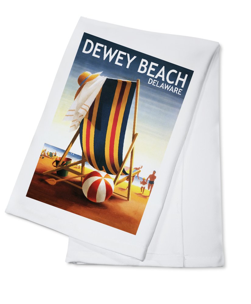 Dewey Beach Delaware Cotton Tea Towel - Decorative Beach Chair & Ball Design for Kitchen, Bathroom & Coastal Home Decor