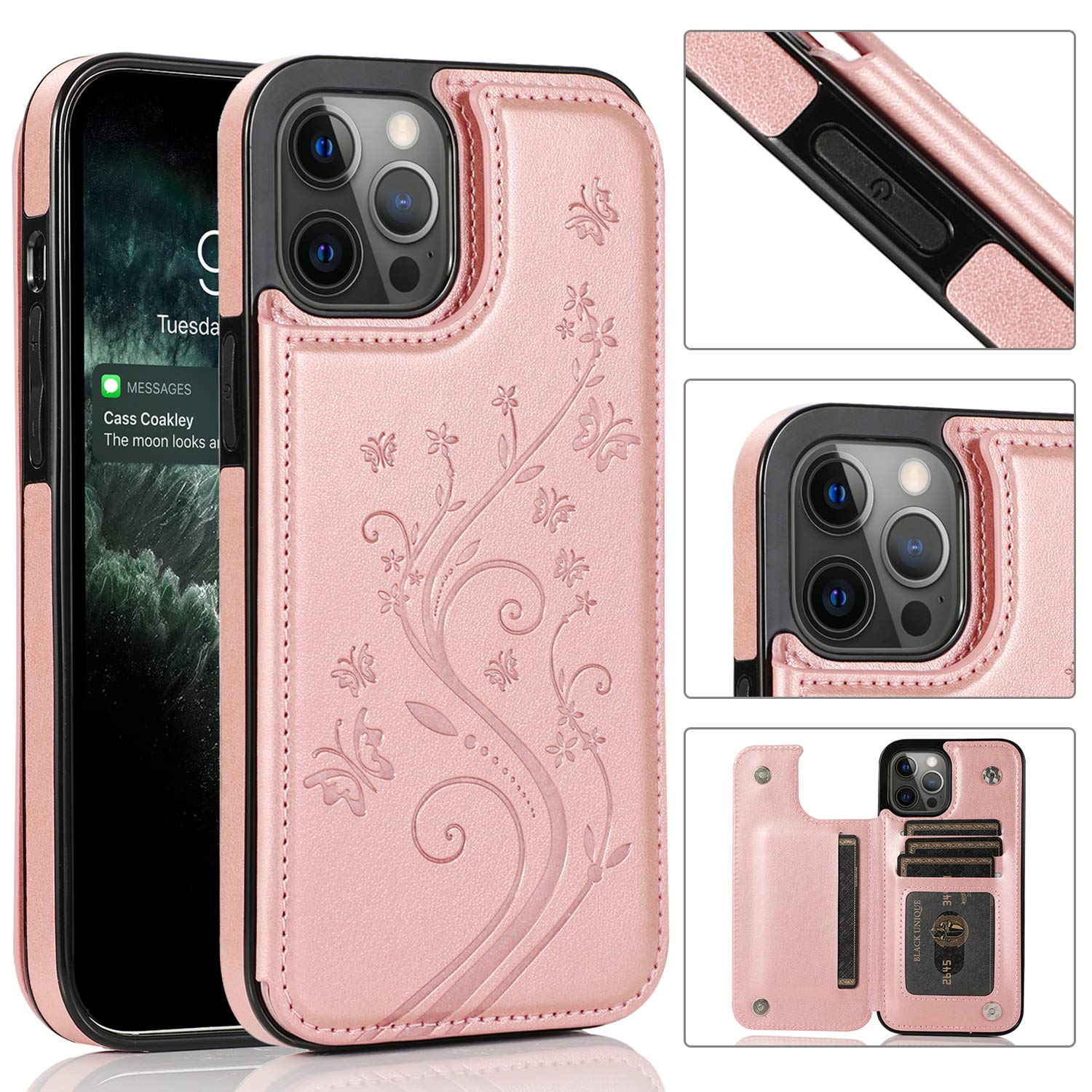 Luxury Magnetic Card Holder Case for Apple iPhone XR - Rose Gold Butterfly Swirl Design, PU Leather Side Button Cover with ID Slot | Perfect for Work, Travel & Everyday Use