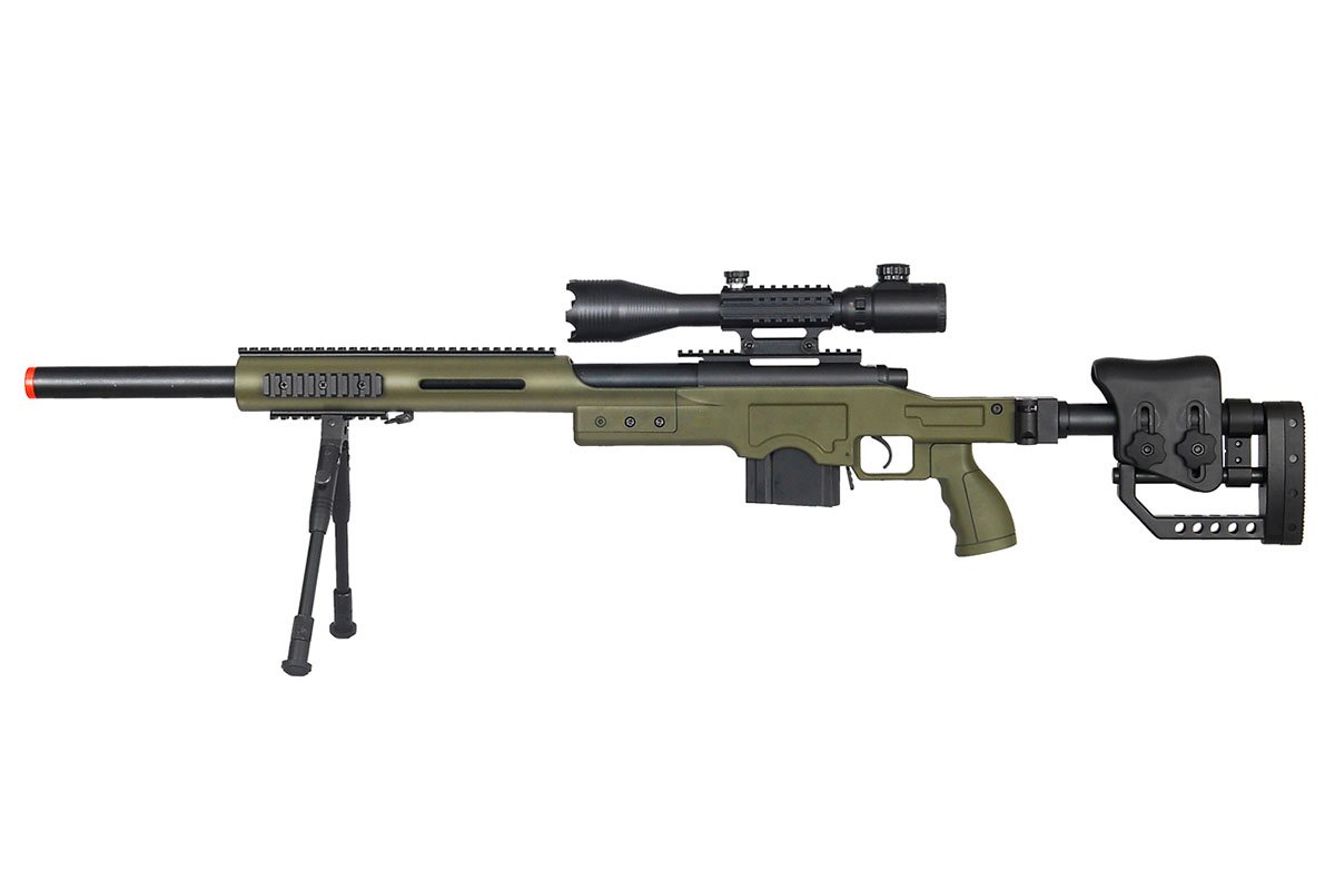 Well MB4410GAB2 Spring Sniper Airsoft Rifle with Illuminated Scope & Bipod - OD Green | High-Precision Airsoft Gun for Outdoor Target Shooting & Tactical Games