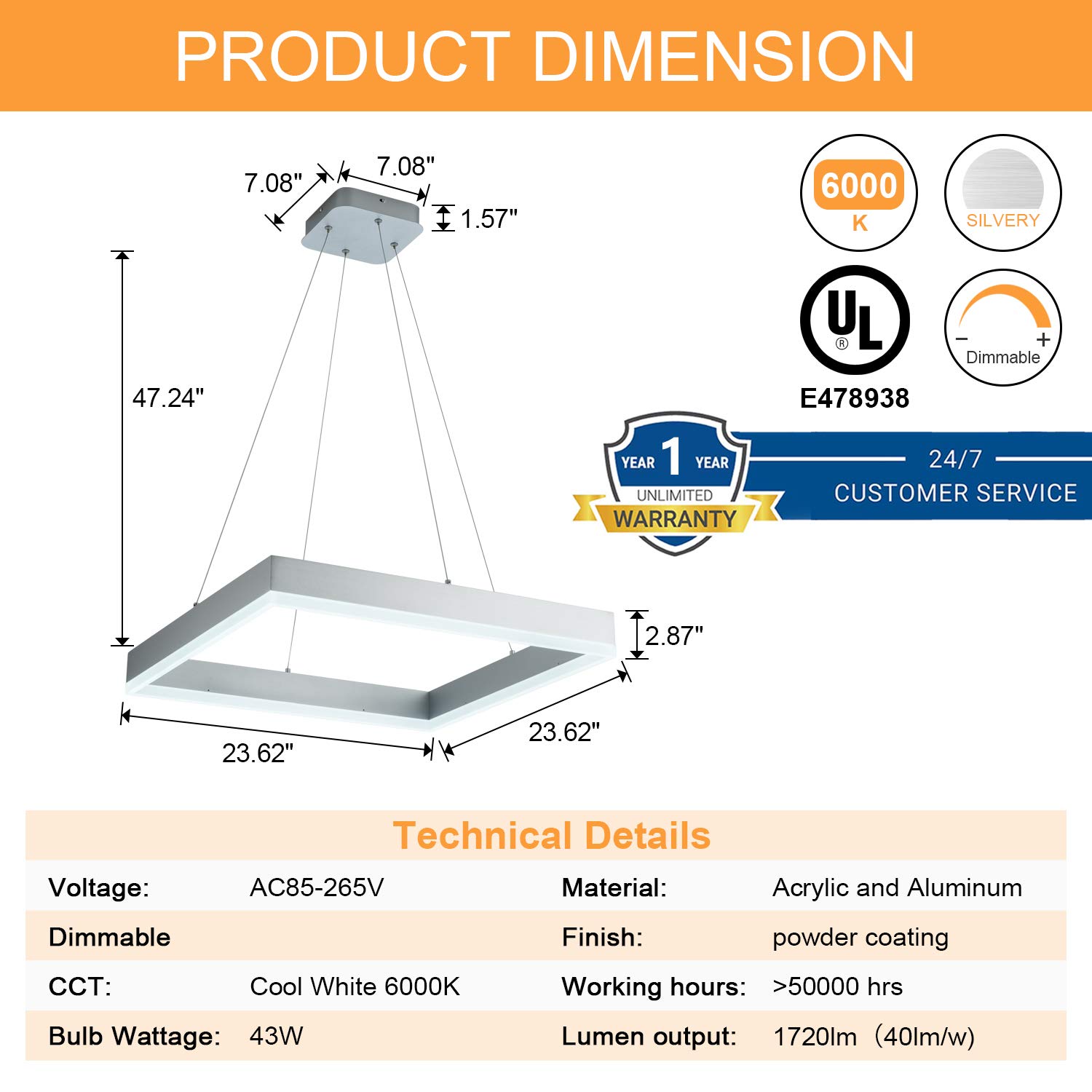 Modern Square LED Chandelier - Dimmable Contemporary Pendant Light for Dining Room, Kitchen, Office & Foyer - Cool White 6000K Silver Finish - Perfect for Home Decor, Modern Interior Lighting & Stylish Room Ambiance