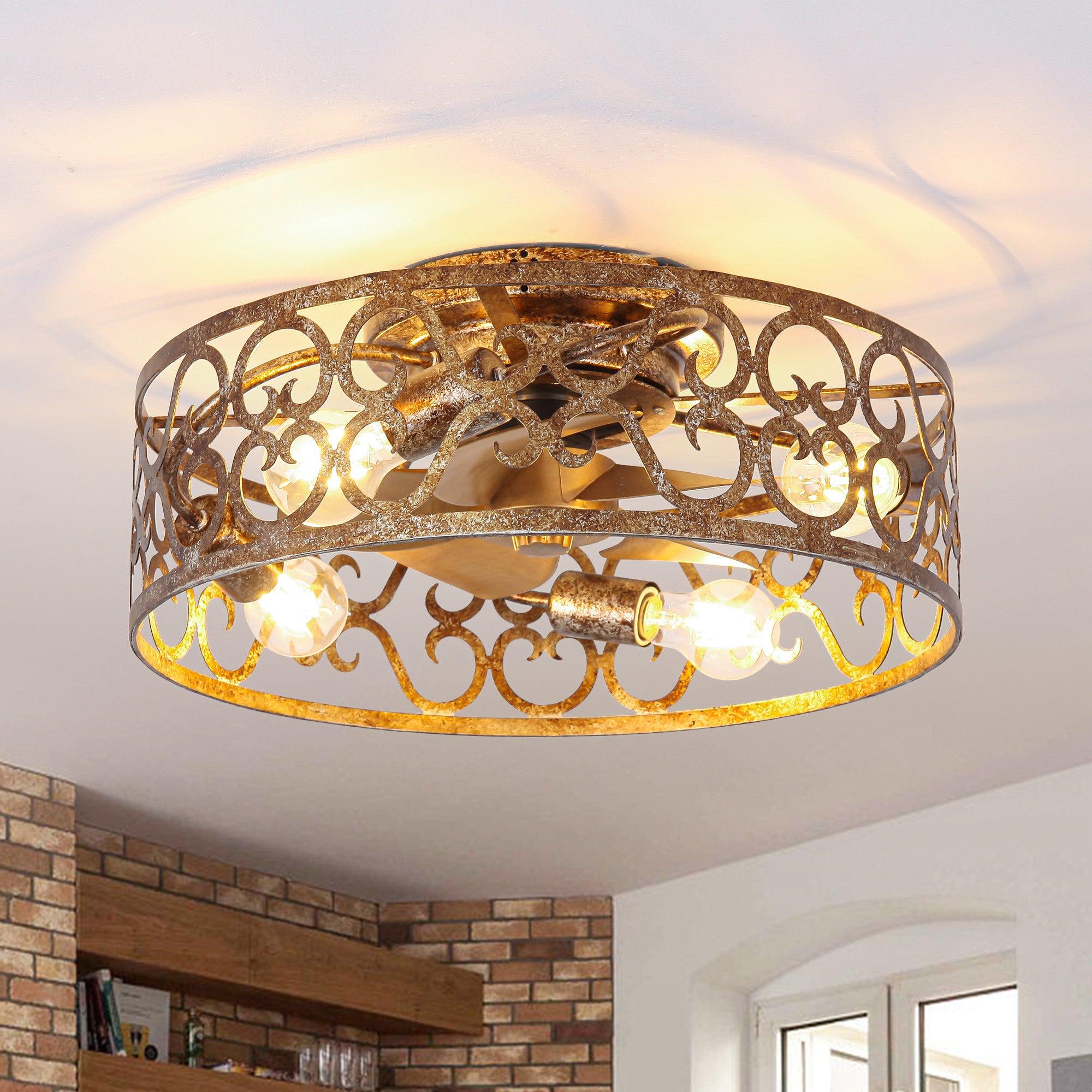 18 Inch Gold Industrial Flush Mount Ceiling Fan with Light - Smart APP & Remote Control - Perfect for Living Room, Bedroom, Kitchen & Office Spaces