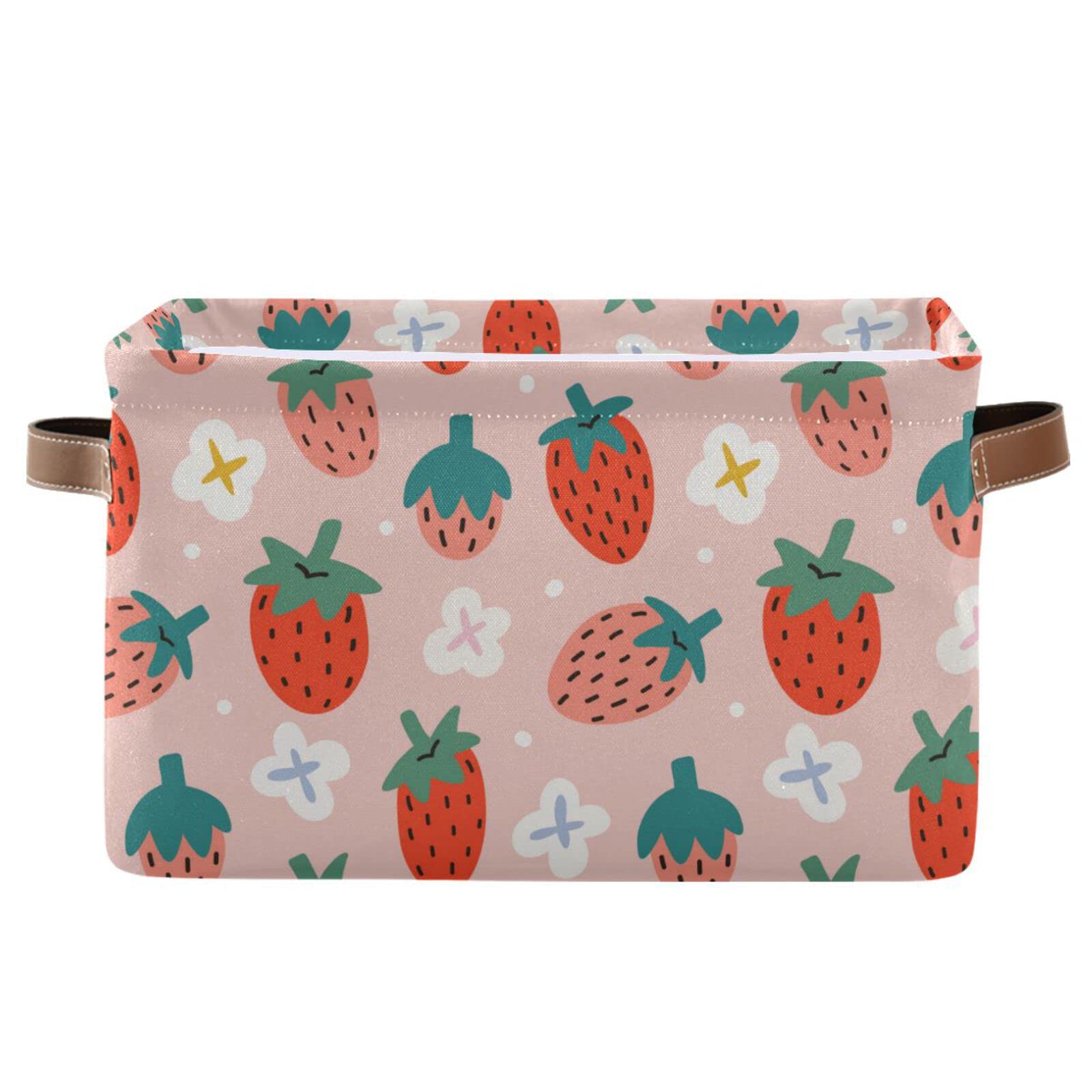 Strawberry Print Foldable Storage Bins (2-Pack) - Collapsible Fabric Storage Baskets with Handles for Nursery, Closet, Bedroom & Office Organization - Perfect for Toys, Books & Home Decor