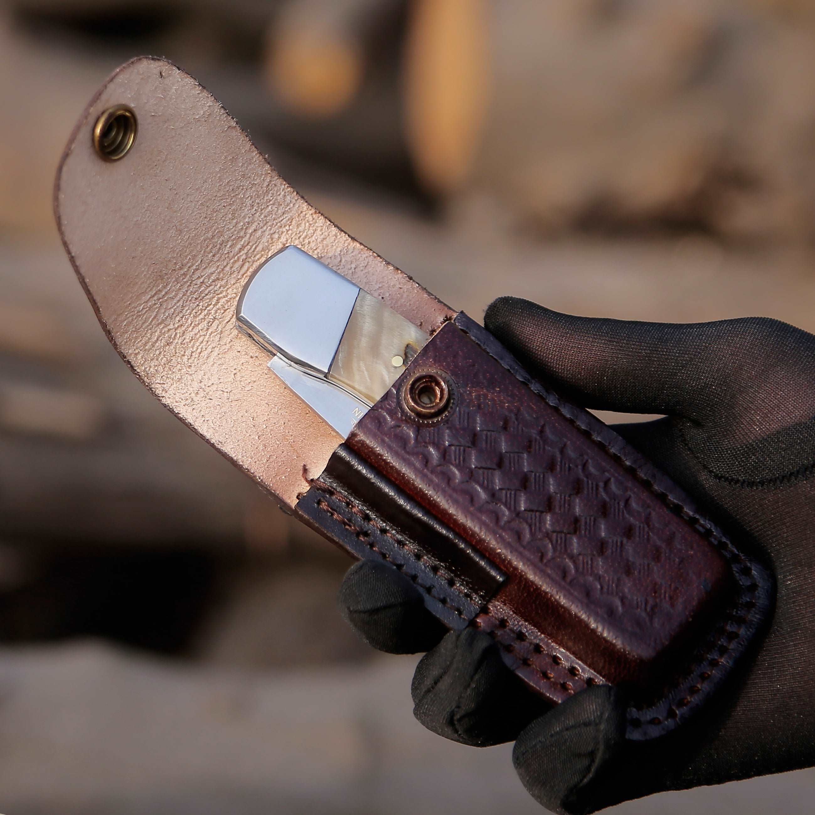 Handmade Custom Pocket Knife with Ram Horn Handle & Leather Sheath - Personalized Engraving for Outdoor, Camping, Hunting & EDC Gifts