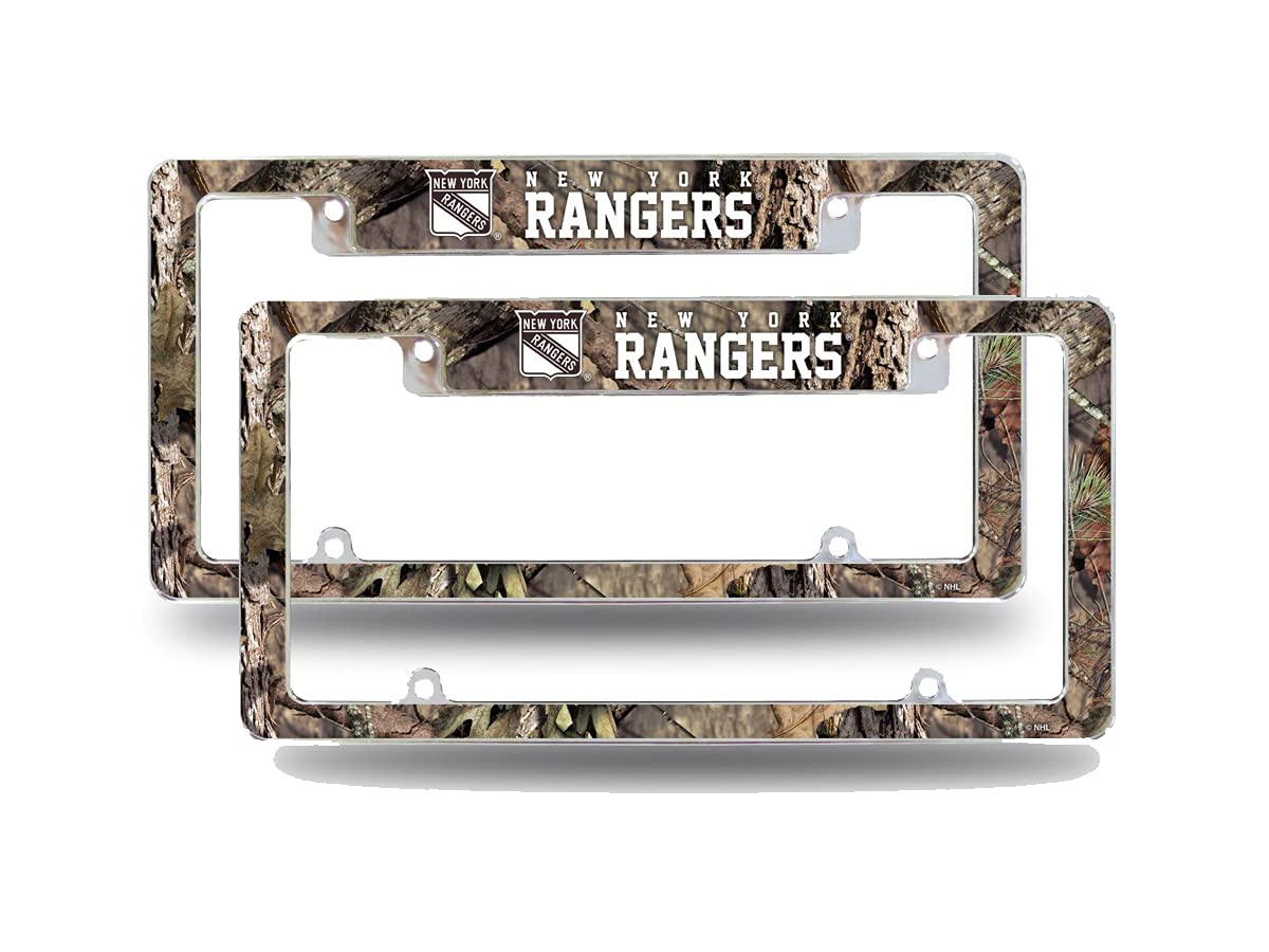 New York Rangers Chrome Metal License Plate Frames (Set of 2) - Mossy Oak Camouflage Design for Cars & Trucks - Perfect for Rangers Fans & Outdoor Enthusiasts