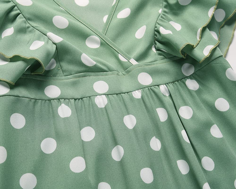 Women's Flowy Maxi Dress with Polka Dots - Short Ruffle Sleeves & Deep V Neck - High Waist Summer Long Dress for Beach, Vacation, and Casual Outings