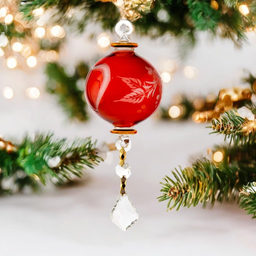 Handmade Blown Glass Christmas Ornaments - Red Glass Ball with Gold Accents & Crystal Drop - Engraved Holiday Decor for Christmas Tree - Perfect for Home Decor, New Year Gifts & Winter Wedding Decorations