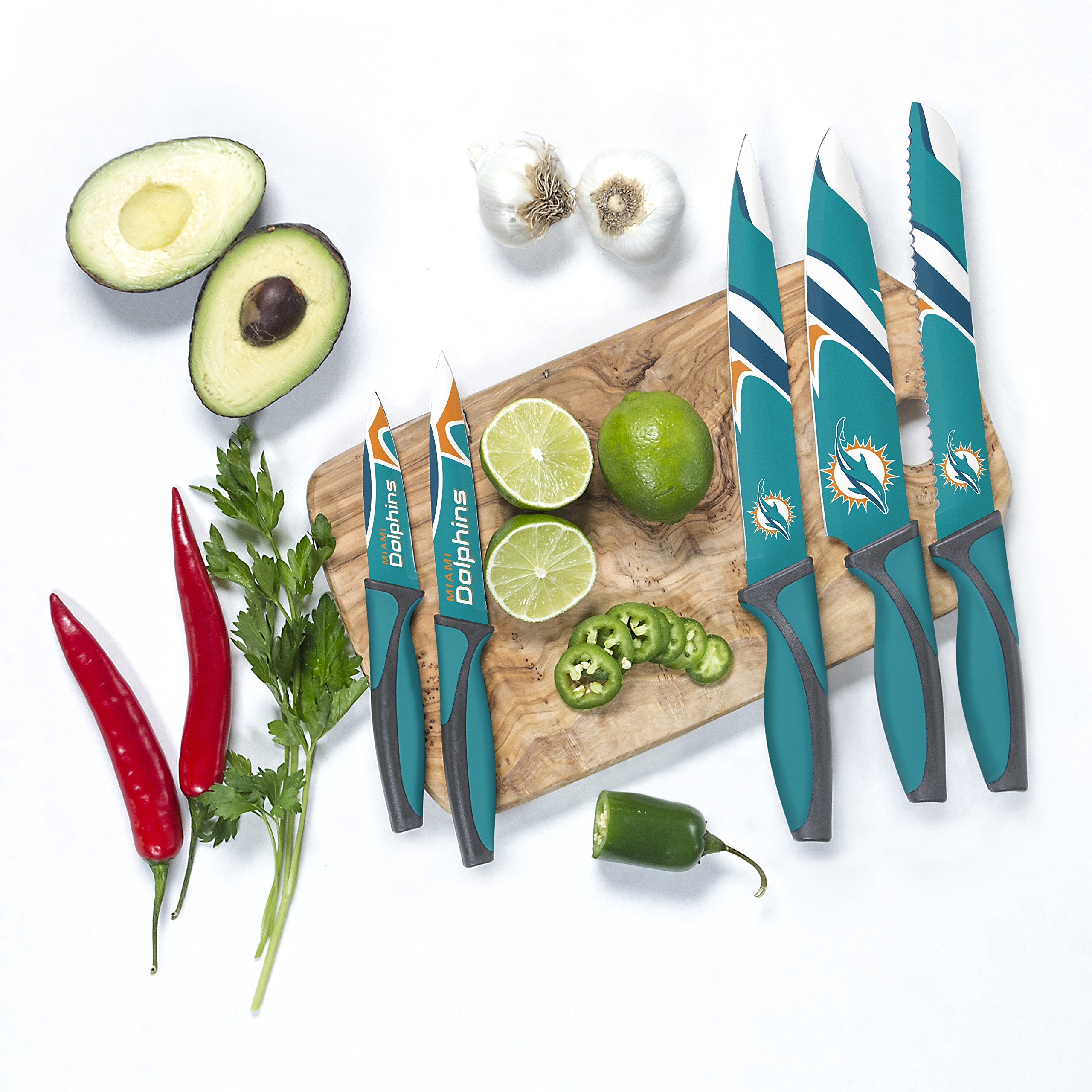 Premium NFL Miami Dolphins Themed Kitchen Knife Set - Stainless Steel Blades, Ergonomic Handles - Perfect for Cooking, Grilling, and Tailgating Parties