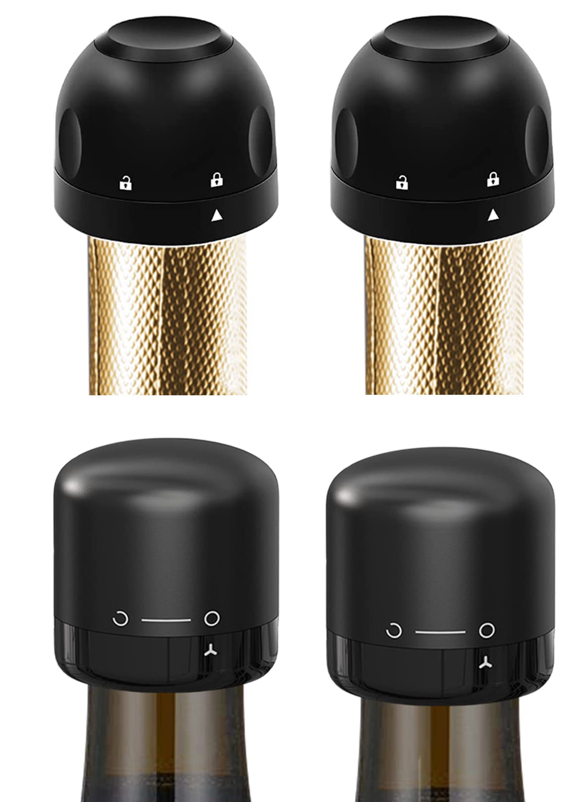 4-Pack Reusable Champagne & Wine Stoppers - Leak-Proof Plastic & Silicone Wine Corks with Twist Top Seal | Keeps Wine Fresh for Easy Storage | Perfect for Parties, Picnics & Home Bars (Black)
