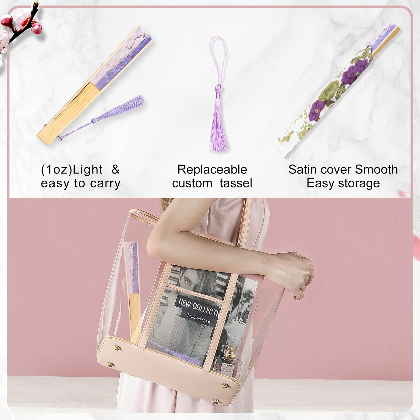 Elegant Slik Folding Hand Fan - Premium Bamboo Frame with Storage Bag & Tassel | Cooling, Performance, Decoration & Gift | Classic Ink Plum Violet Gradient Design | Perfect for Summer, Weddings, Theater & Home Décor
