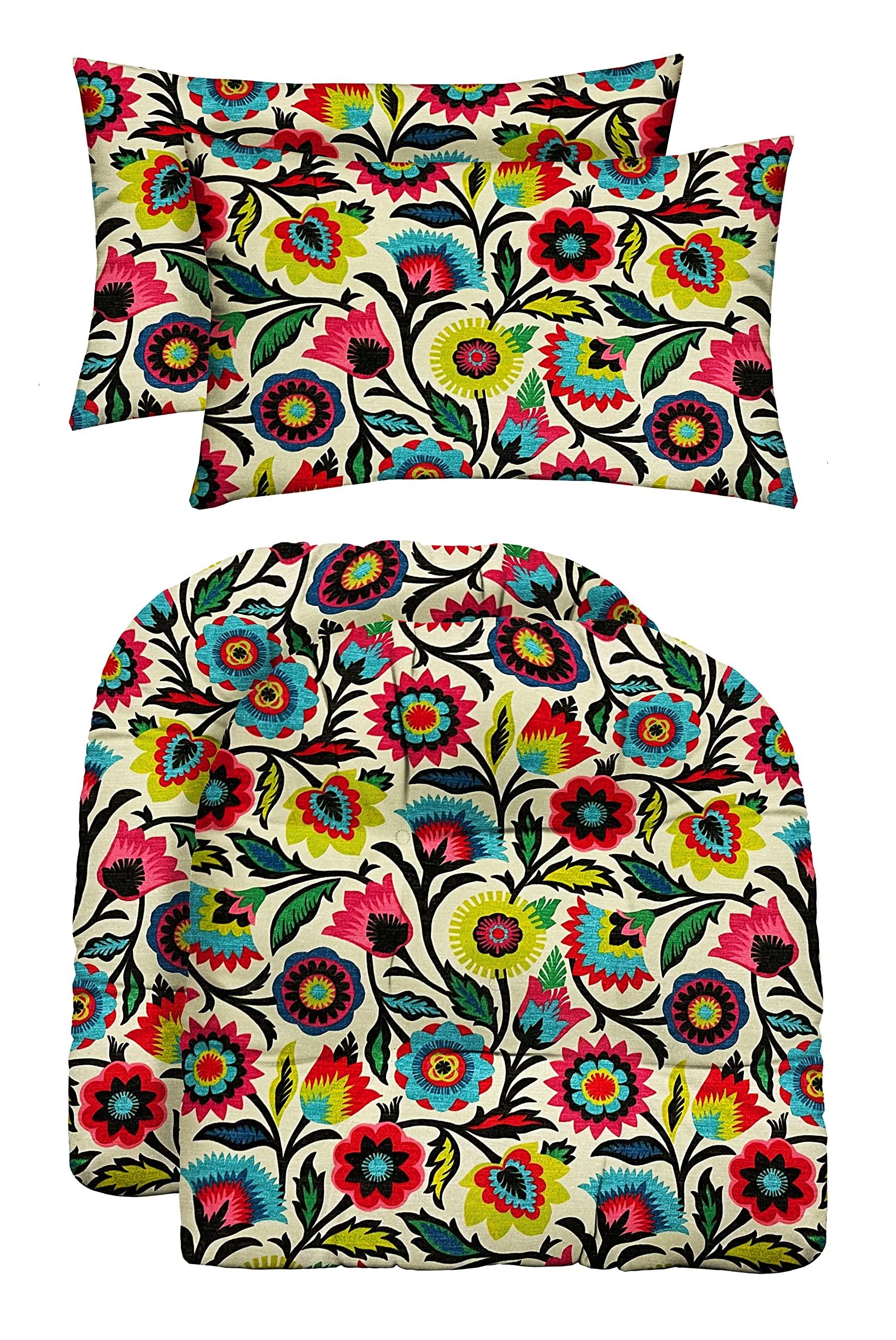 Tufted U-Shape & Lumbar Pillow Set (2 Each) - 22x22 & 20x12 Inch Water-Resistant Outdoor Cushions for Patio Furniture - Fiesta Floral Design - Perfect for Garden, Poolside & Deck Relaxation