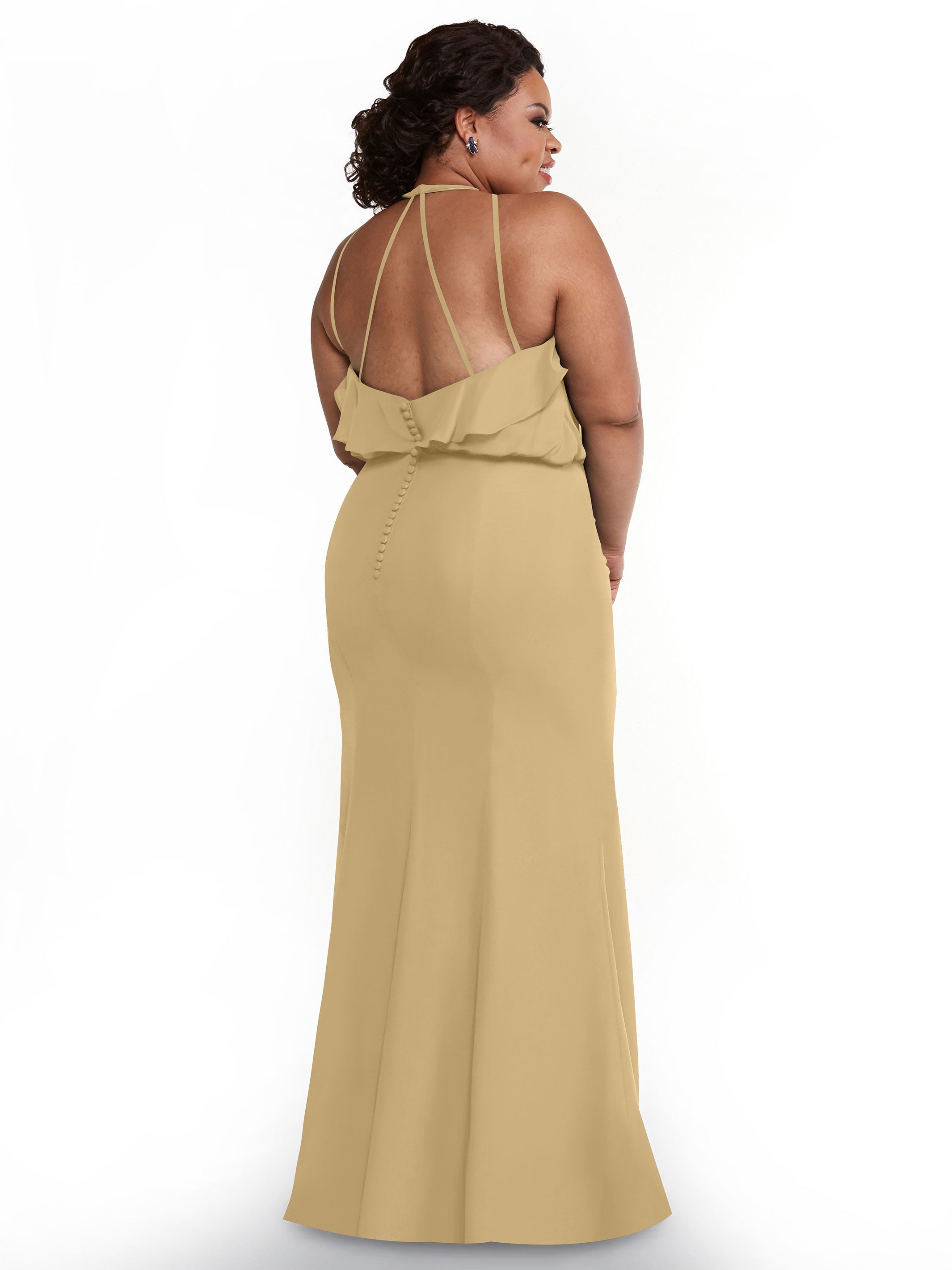 Elegant 80147 Fit and Flare Chiffon Bridesmaid Dress with Ruffled Neckline & Thigh Slit - Perfect for Weddings, Proms, and Formal Events