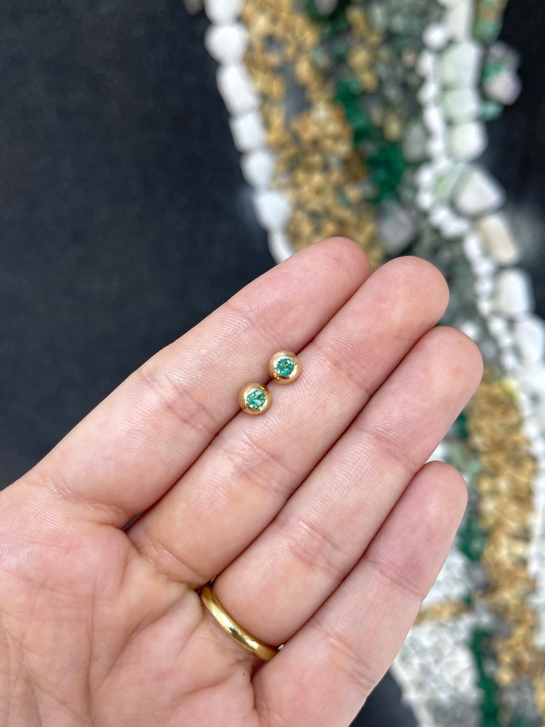 0.40tcw 14K Gold Medium Green 3.5mm Domed Round Cut Emerald Stud Earrings with Bezel Setting - Perfect for Everyday Wear, Gift Giving & Special Occasions
