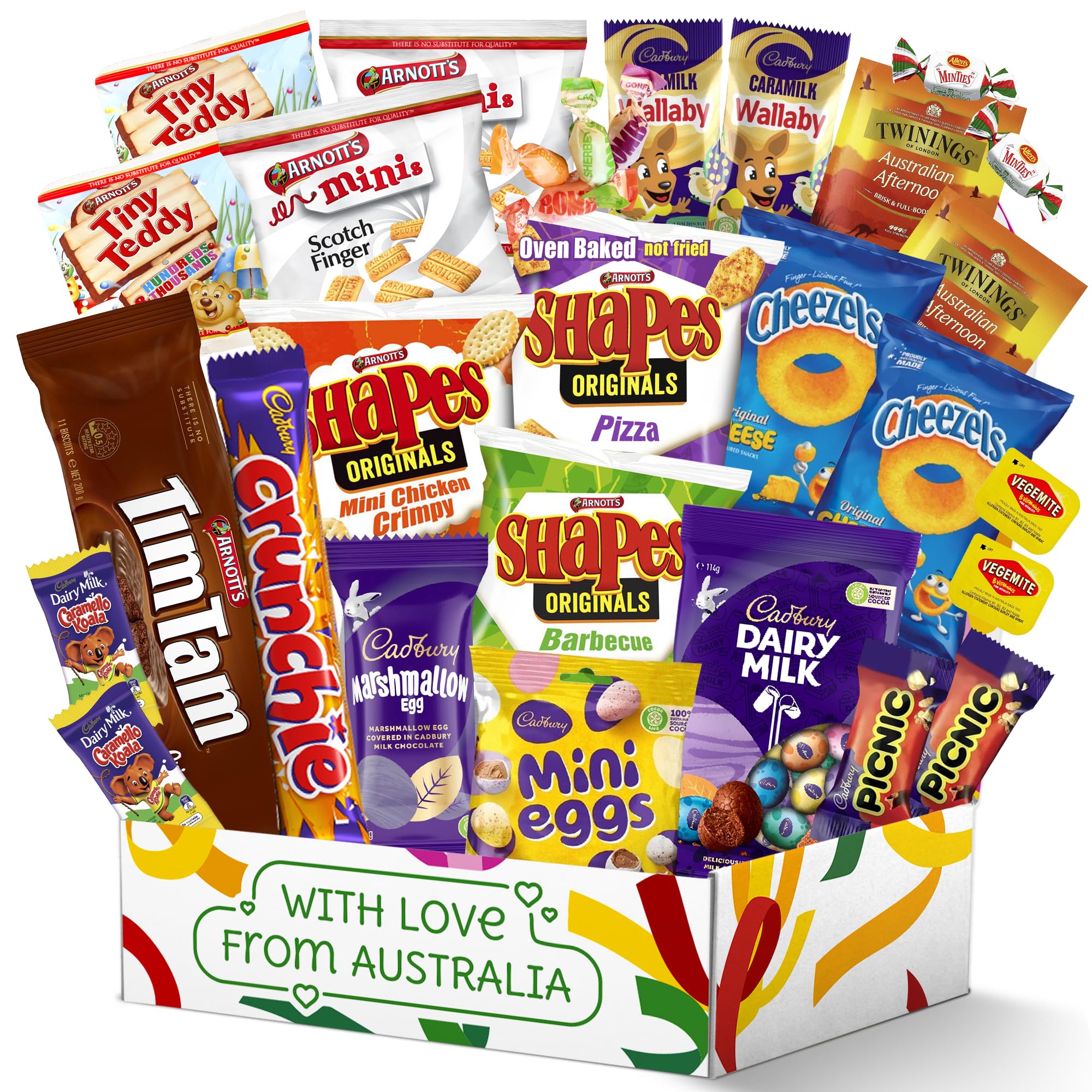 30-Piece Australian Easter Chocolate & Snack Gift Box - Cadbury Eggs, Tim Tam, Caramello Koala, Picnic & Vegemite - Perfect for Easter Baskets, Holiday Parties & Office Treats