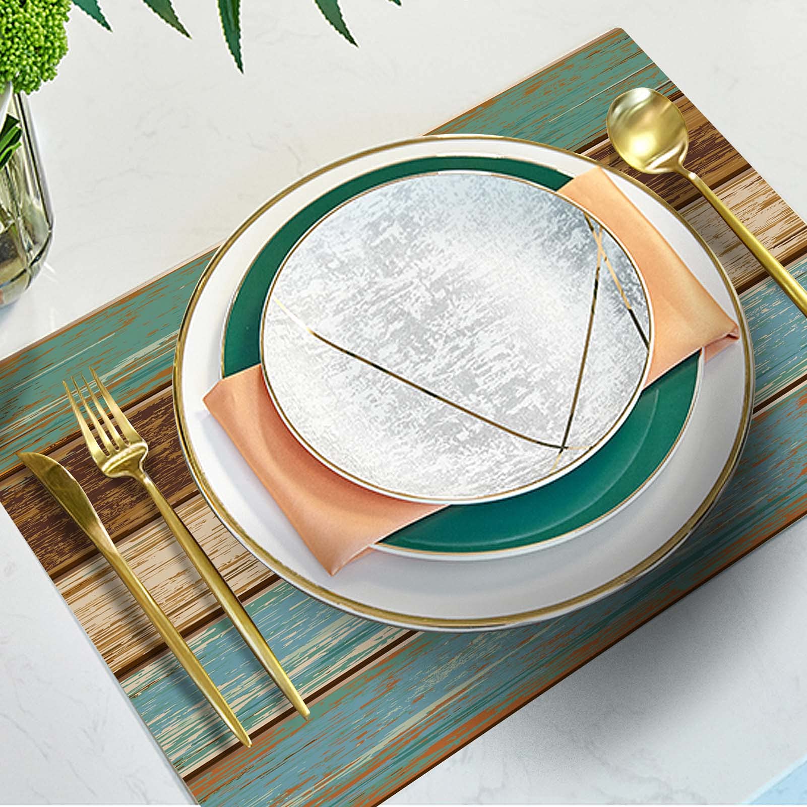 Mcalk Farmhouse Table Runner & 6-Piece Placemats Set - Teal & Brown Wooden Texture Rectangular Linen Placemats - Washable Kitchen & Dining Table Decor for Farmhouse, Rustic, or Modern Home Style - Perfect for Everyday Meals, Dinner Parties, and Holiday Gatherings