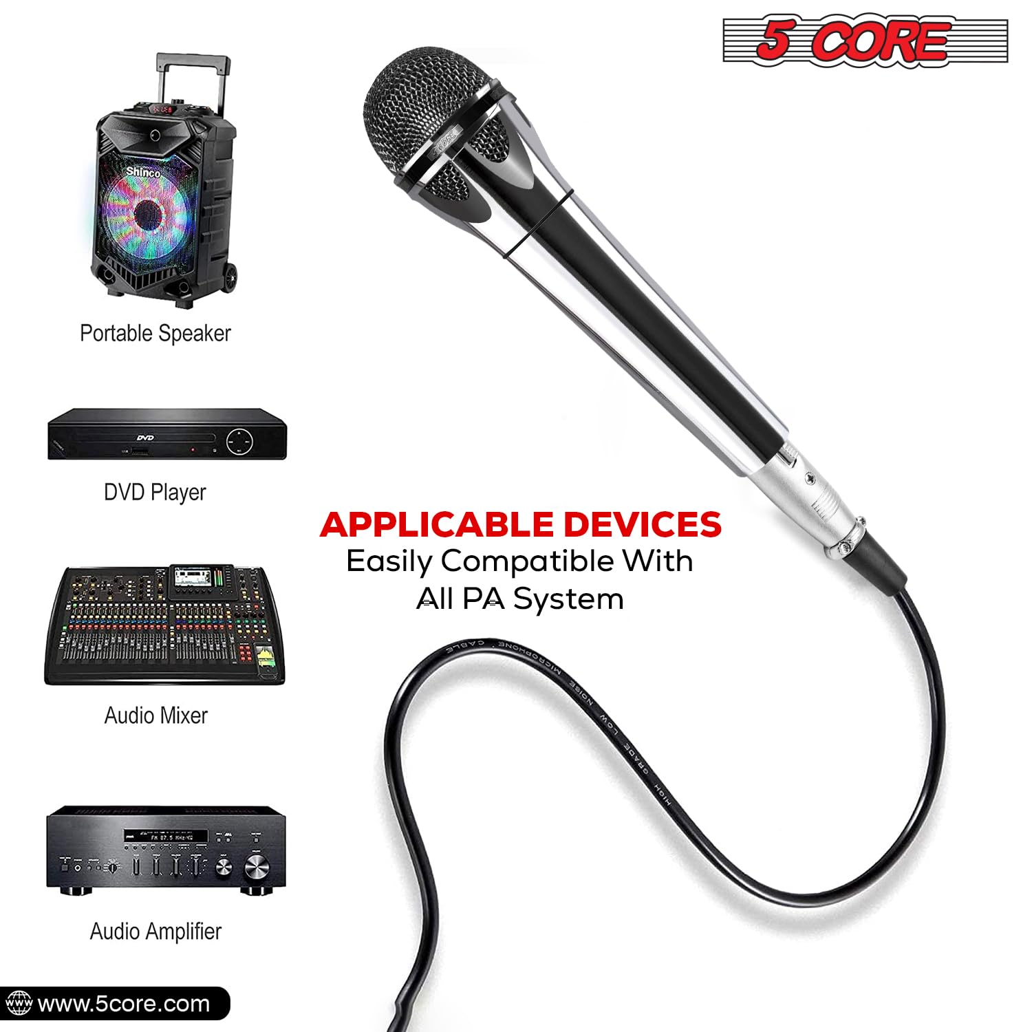 5 CORE Dynamic Handheld Microphone - Cardioid Unidirectional Vocal Mic with On/Off Switch & XLR Cable for Singing, Karaoke, Live Performances & Studio Recording (Model PM 817 CH)
