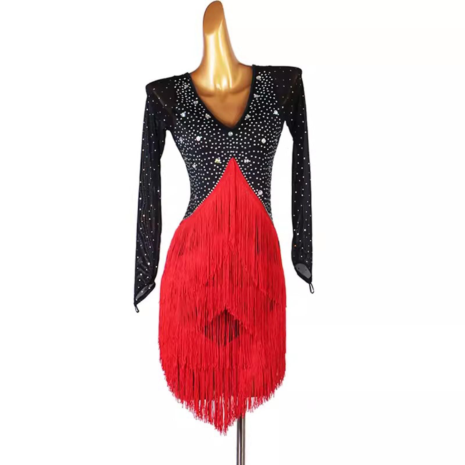 Latin Dance Competition Dress for Women - Elegant Long Sleeve Ballroom Performance Skirt with Tassels | Perfect for Tango, Cha Cha, Samba & Professional Dance Shows