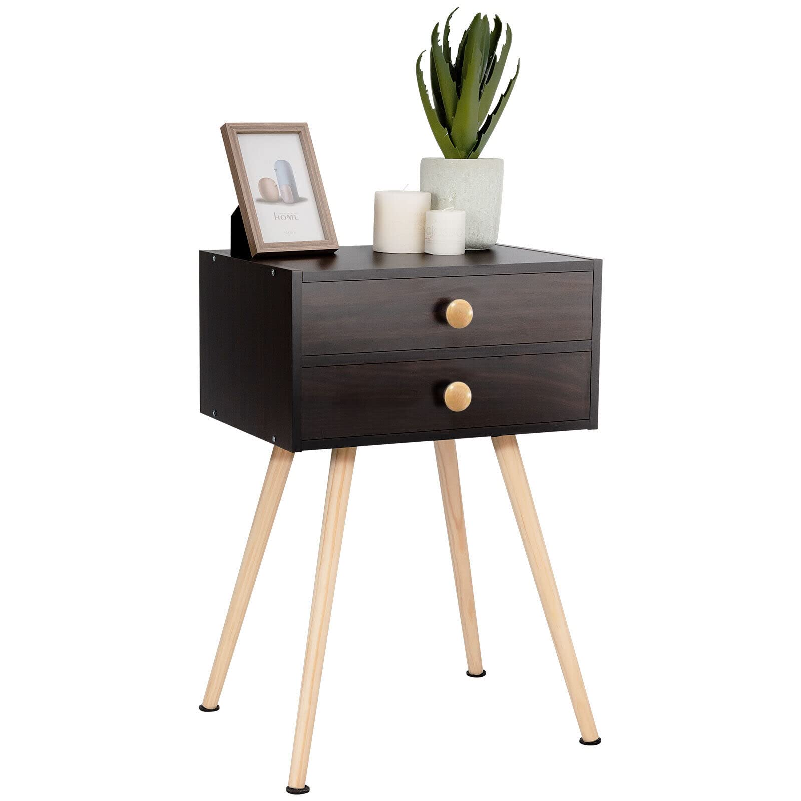 Mid Century Modern Nightstand with 2 Drawers & Solid Wood Legs - Compact Bedside Table for Small Spaces - Espresso Finish End Table for Bedroom & Living Room - Perfect for Storage & Home Decor
