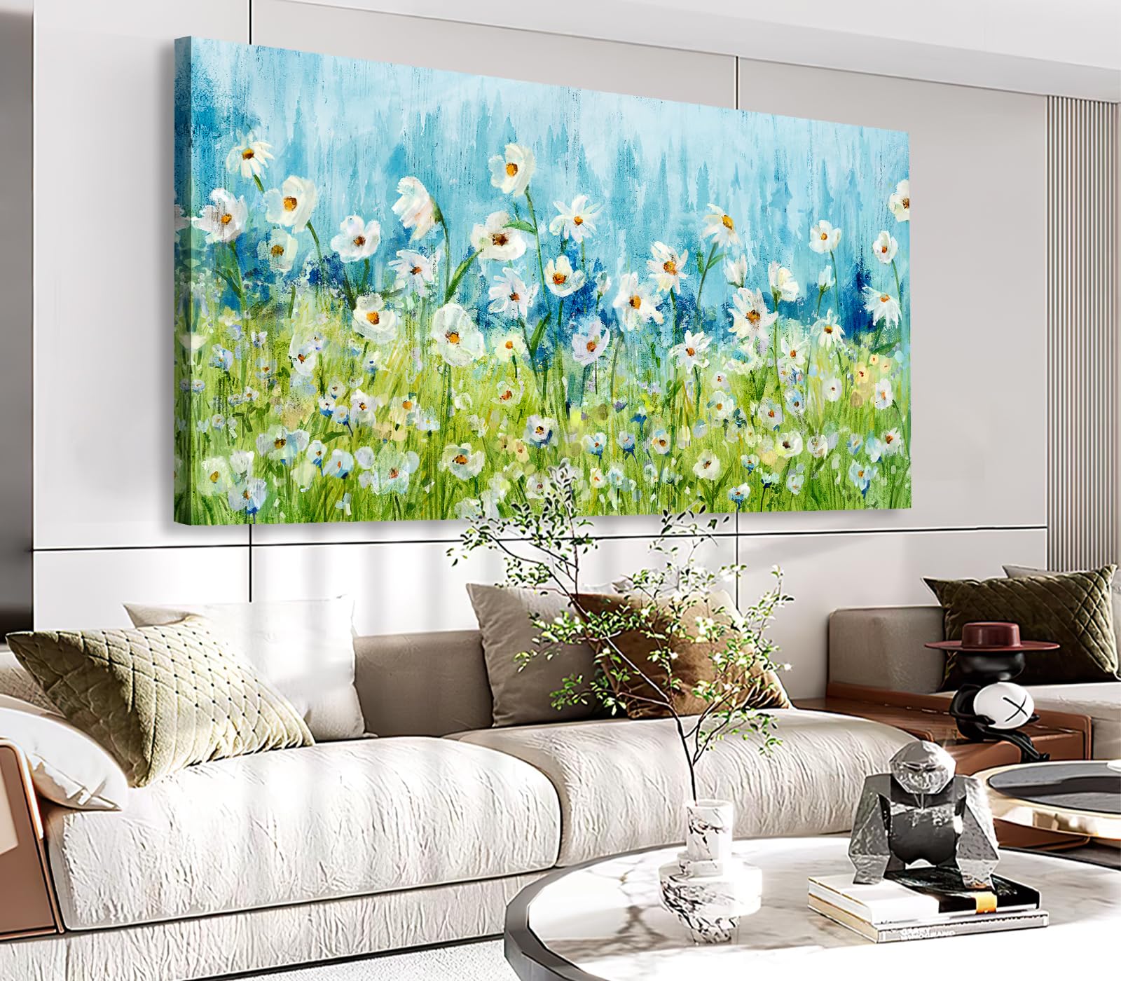 Blue Daisy Floral Canvas Wall Art - 24x48 Inch Framed Abstract Flower Painting with Green Grass Landscape - Modern Home Decor for Living Room, Bedroom, Kitchen & Office | Perfect Gift for Housewarming & Interior Design