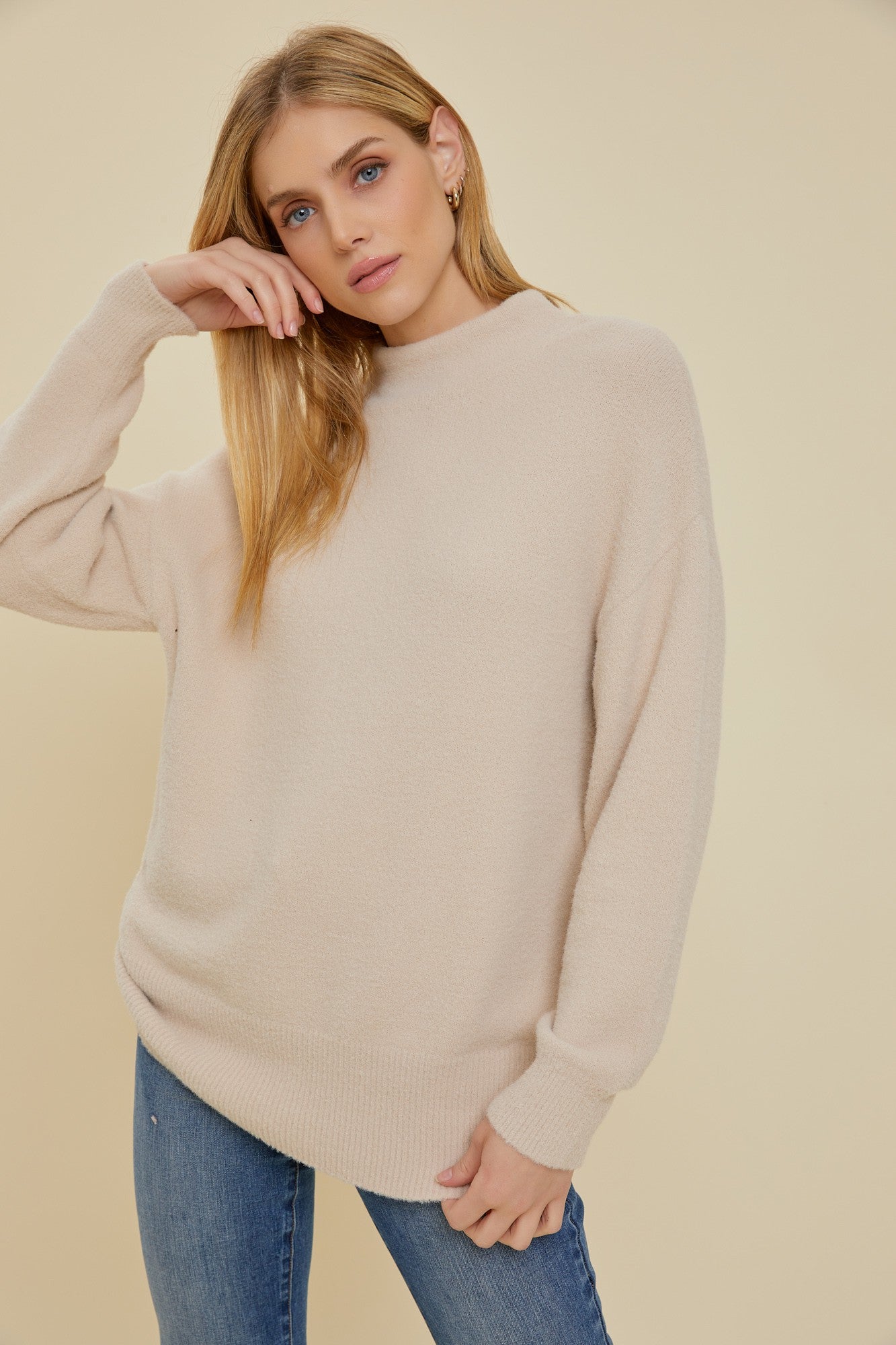 Cozy Beige Fuzzy Knit Mock Neck Maternity Sweater for Pregnancy - Soft Stretchy Long Sleeve Top for Expecting Moms | Perfect for Casual Wear, Baby Showers & Maternity Photos