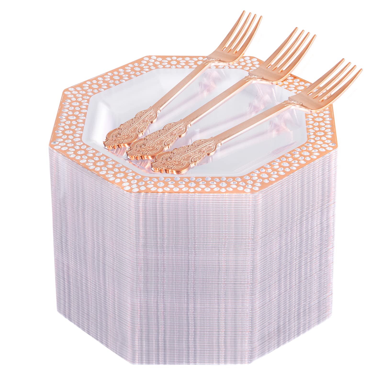 DaYammi 100-Pack Clear Rose Gold Plastic Dessert Plates with Rose Gold Forks - Elegant Disposable Party Tableware for Weddings, Birthdays, Baby Showers & Special Events - Cake Plates, Salad Plates & Appetizer Plates for Stylish Celebrations