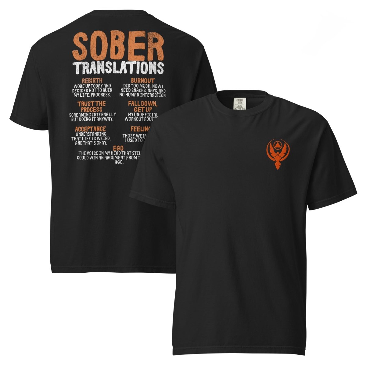 Premium Heavyweight T-Shirt with Phoenix Front Embroidery & Back Print - Sober Translations Vol.4 - Streetwear, Casual Wear & Festival Fashion