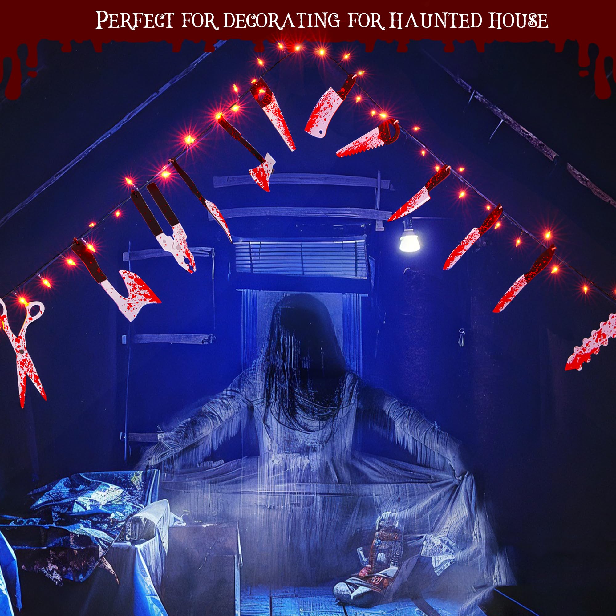 BLCtec 12FT Halloween String Lights with 16 Fake Bloody Knives & 50 LED Orange Bulbs - 8 Lighting Modes Battery Operated Scary Decor for Halloween Party, Haunted House, Yard, and Outdoor Décor