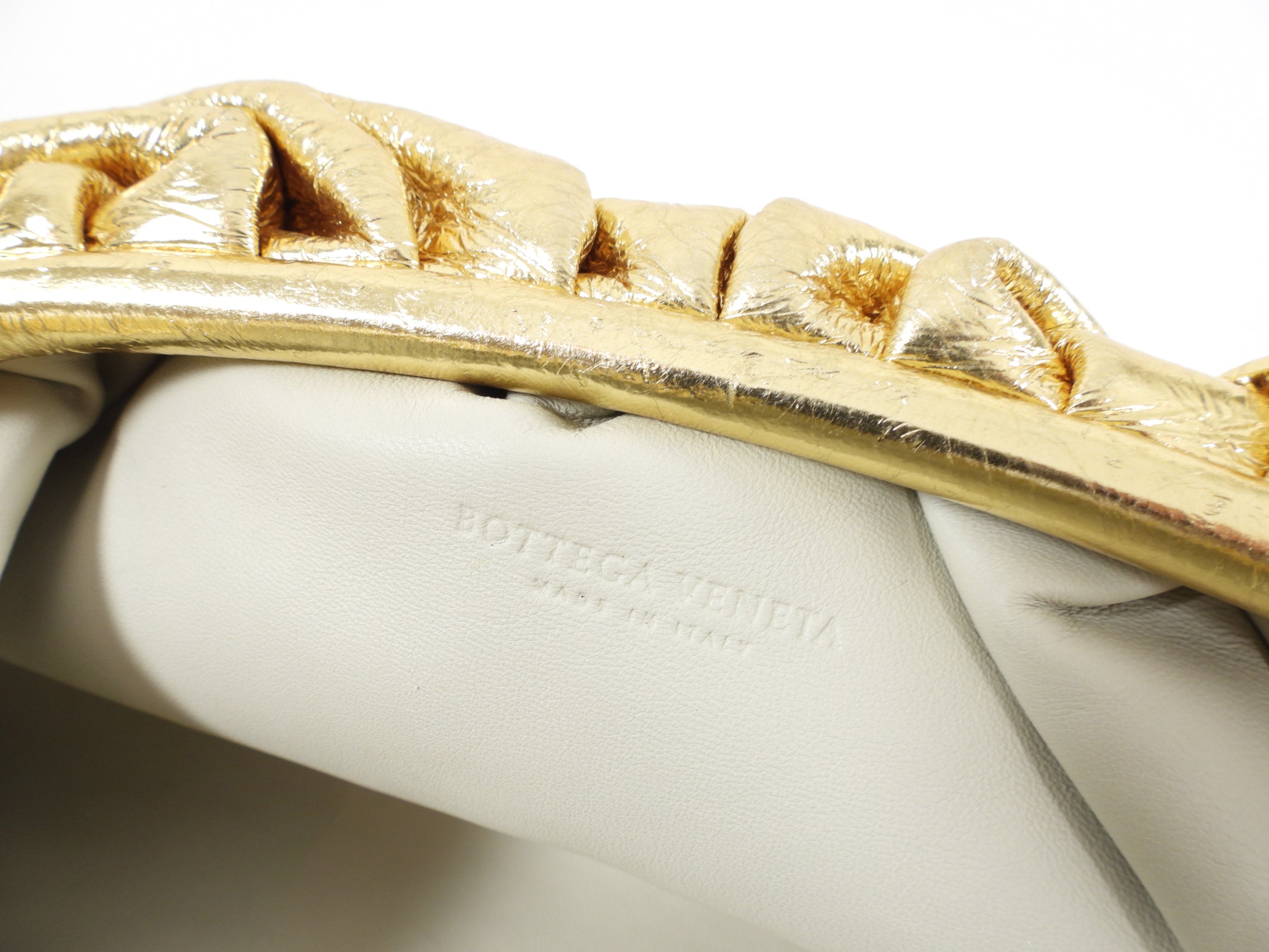 Bottega Veneta Oro Gold Large Leather Wrinkle Pouch Clutch Bag - Luxury Evening Clutch for Parties, Weddings & Special Events