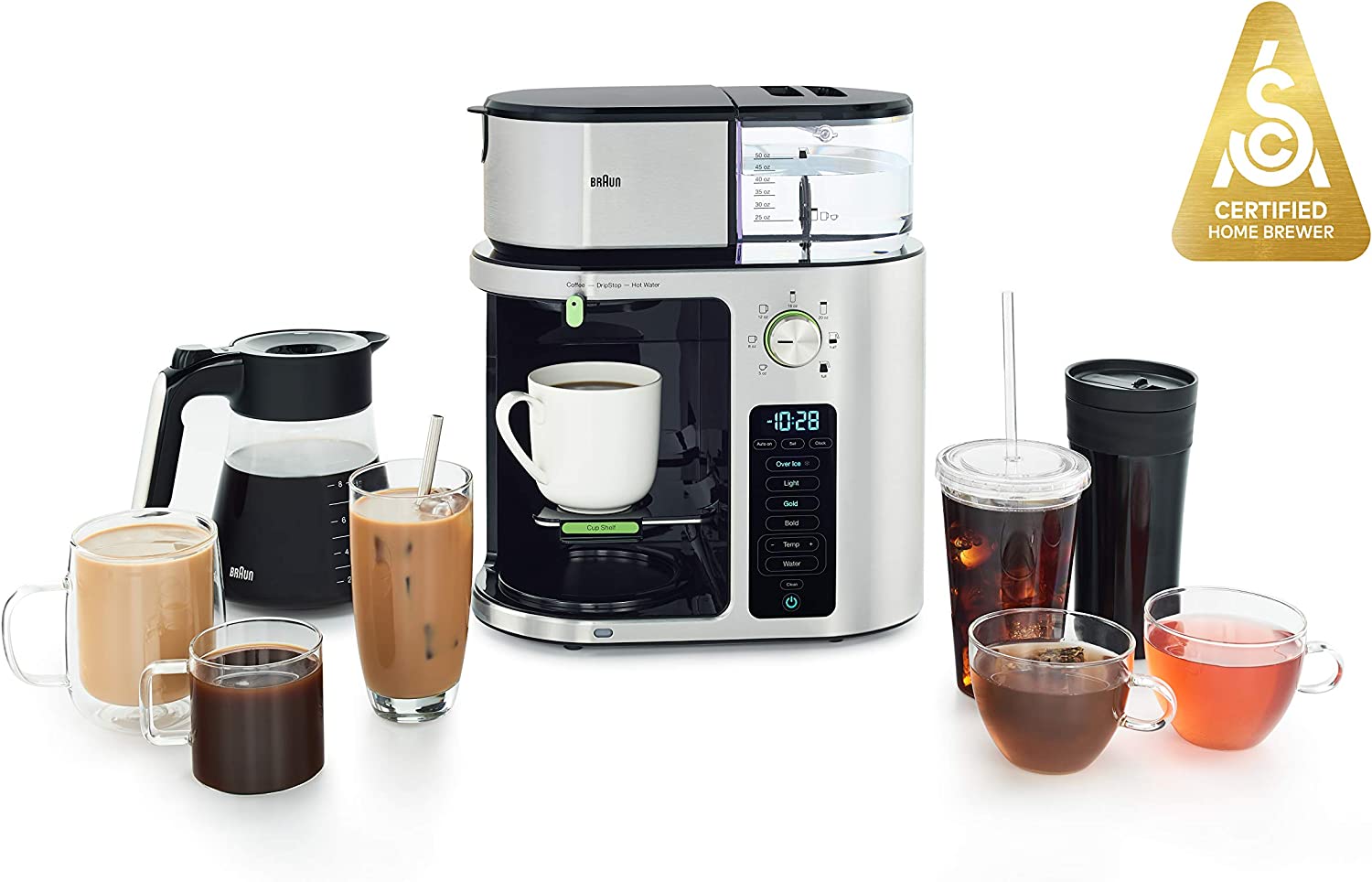 Braun MultiServe Coffee Maker - 7 Programmable Brew Sizes, 3 Strength Settings with Iced Coffee & Hot Water Function - 10-Cup Glass Carafe, Stainless Steel (KF9170SI 220V) - Perfect for Home, Office & Entertaining