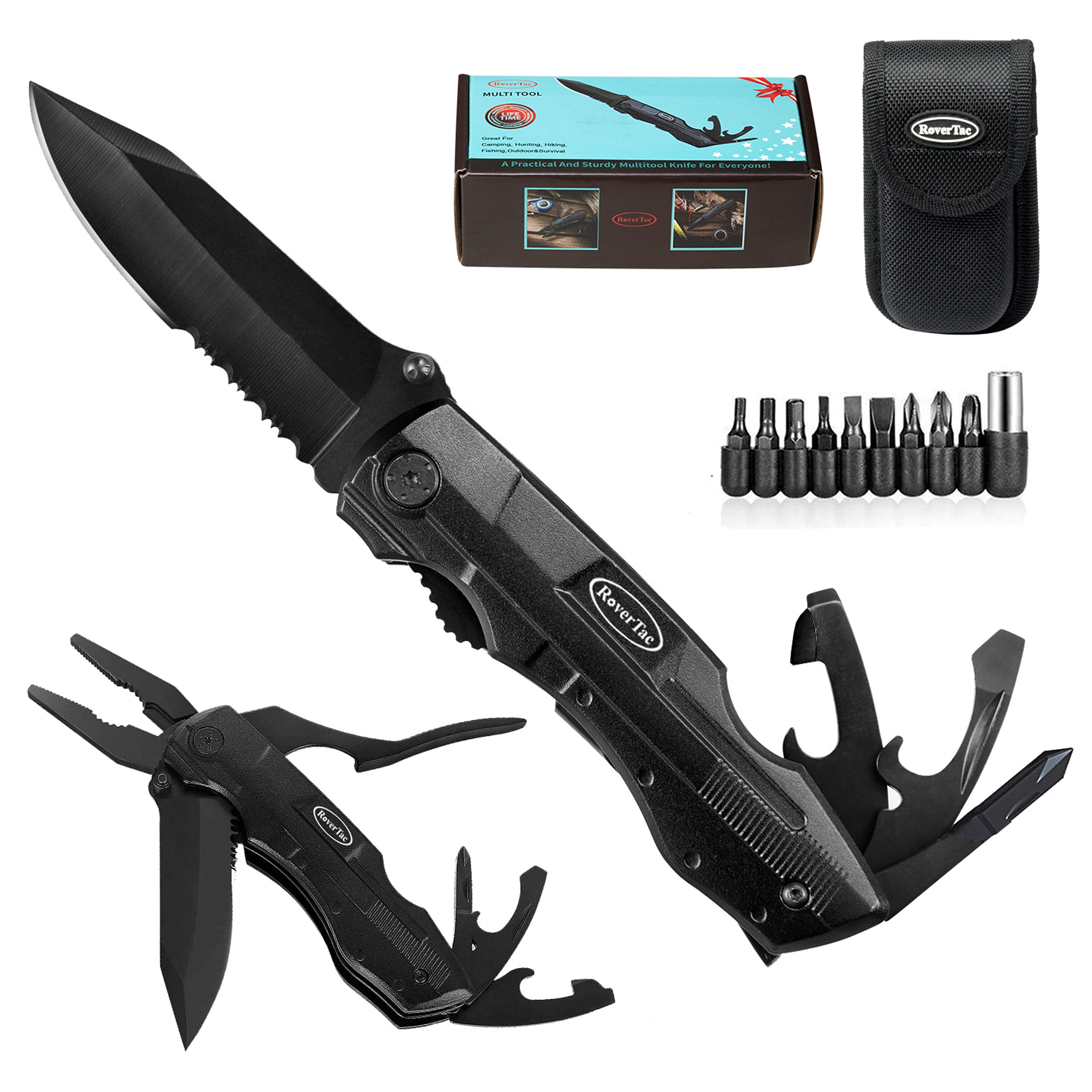 RoverTac Multitool Pocket Knife - Tactical Folding Knife with Pliers, Screwdriver & Bottle Opener - Survival Camping Knife with Durable Sheath & Liner Lock - Perfect Gift for Men - Ideal for Camping, Fishing, Hiking, Hunting & Outdoor Adventures