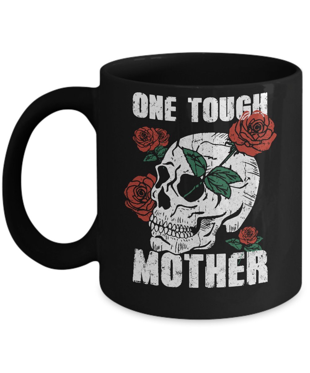 One Tough Mother Skull Rose Mug 11oz Black Coffee Cup - Gothic Gift for Women & Men, Perfect for Home, Office, or Halloween Decor