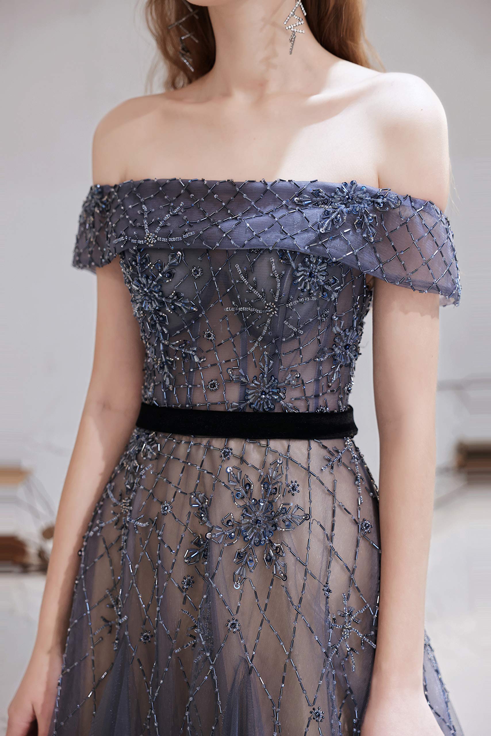 Elegant Off-Shoulder Beaded Tulle Evening Gown for Women - Long Formal Dress for Prom, Wedding & Special Occasions