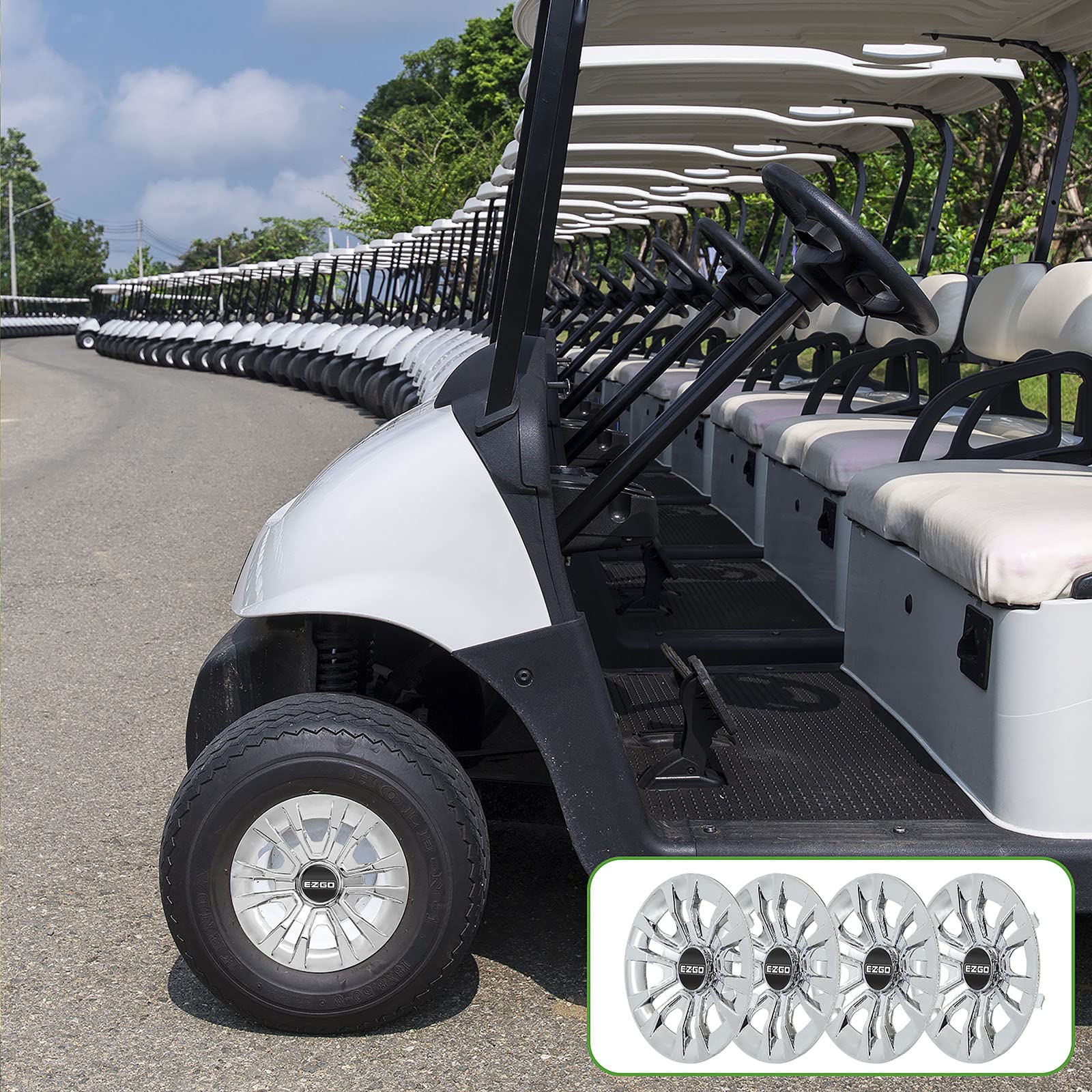 8 Inch Golf Cart Hubcaps for EZGo Golf Buggies - 4-Piece Standard Wheel Rim Cover Set with EZGo Logo Decals - Perfect for Golf Course, Resort & Neighborhood Transportation