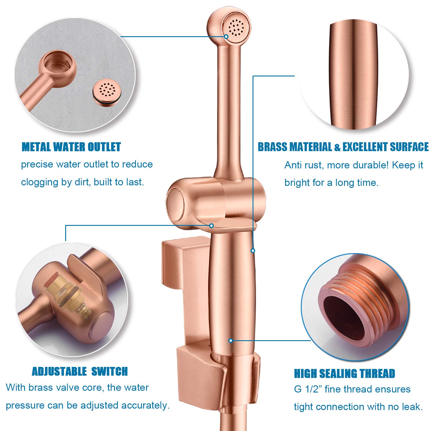 Handheld Bidet Sprayer for Toilet - Adjustable Rose Gold Brass Bidet Attachment with Jet Spray - Perfect for Personal Hygiene, Cloth Diaper Cleaning & Bathroom Use