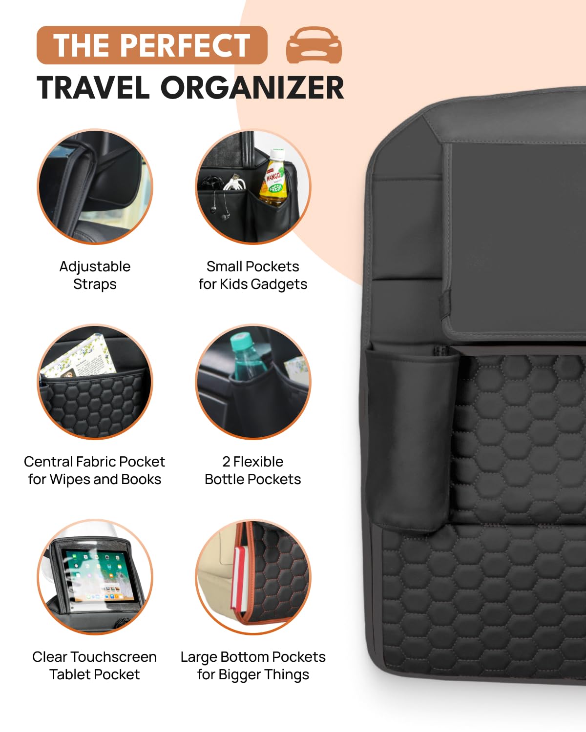 Premium Leather Back Seat Car Organizer with Cat & Child Seat Protector - Multi-Pocket Vehicle Storage Organizer for Toys, Snacks & Essentials - Perfect for Family Road Trips & Pet Travel Accessories