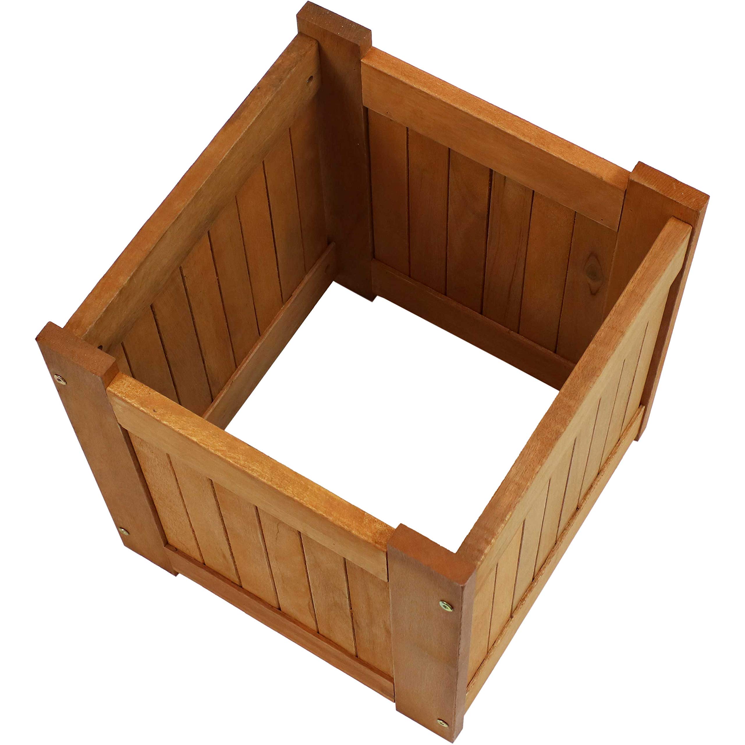 Sunnydaze 16-Inch Square Meranti Wood Planter Box with Teak Oil Finish - Set of 2 for Indoor/Outdoor Garden, Patio, and Balcony Decor