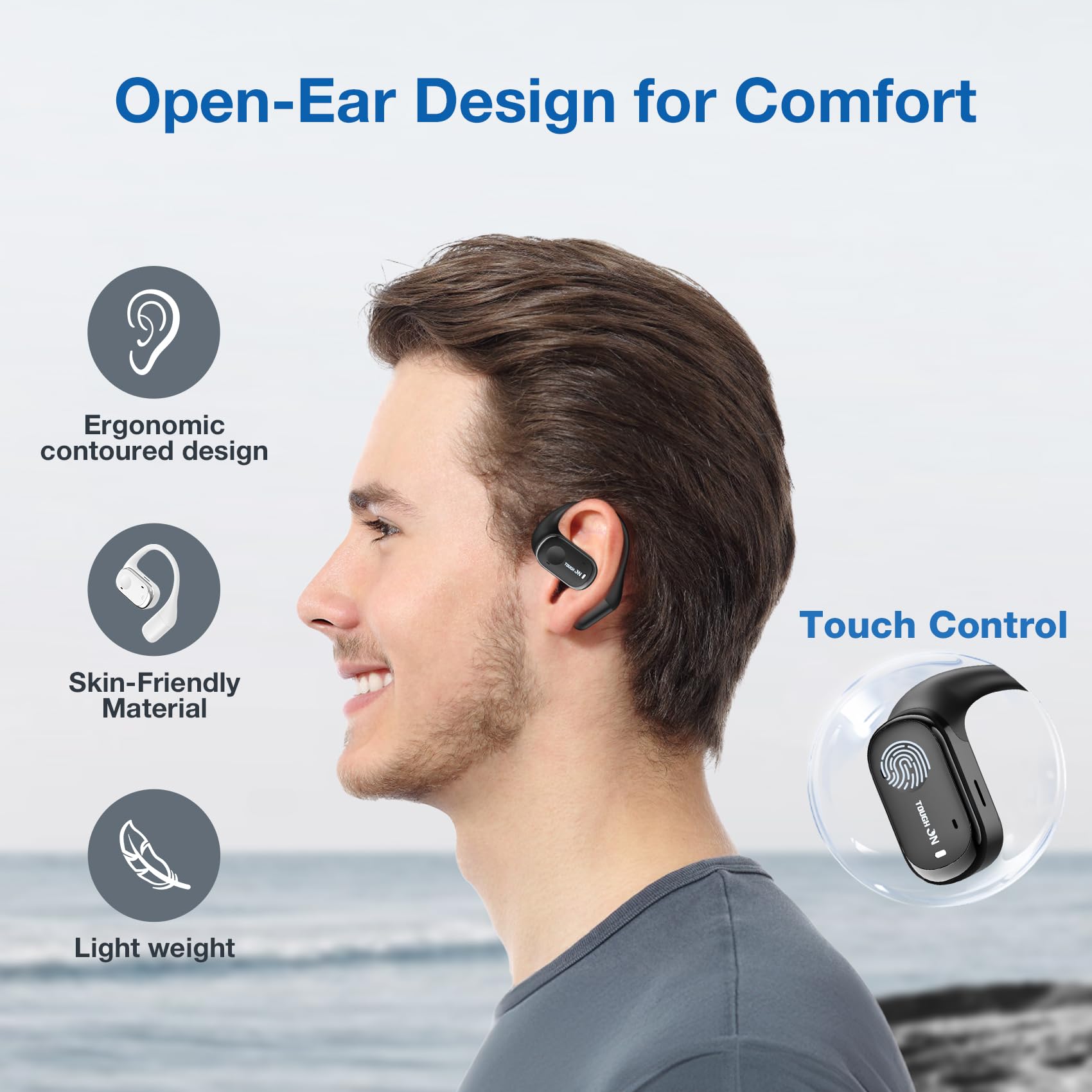 True Open Ear Bluetooth 5.3 Earbuds with Mic & ENC - 45H Playtime for Gym/Running