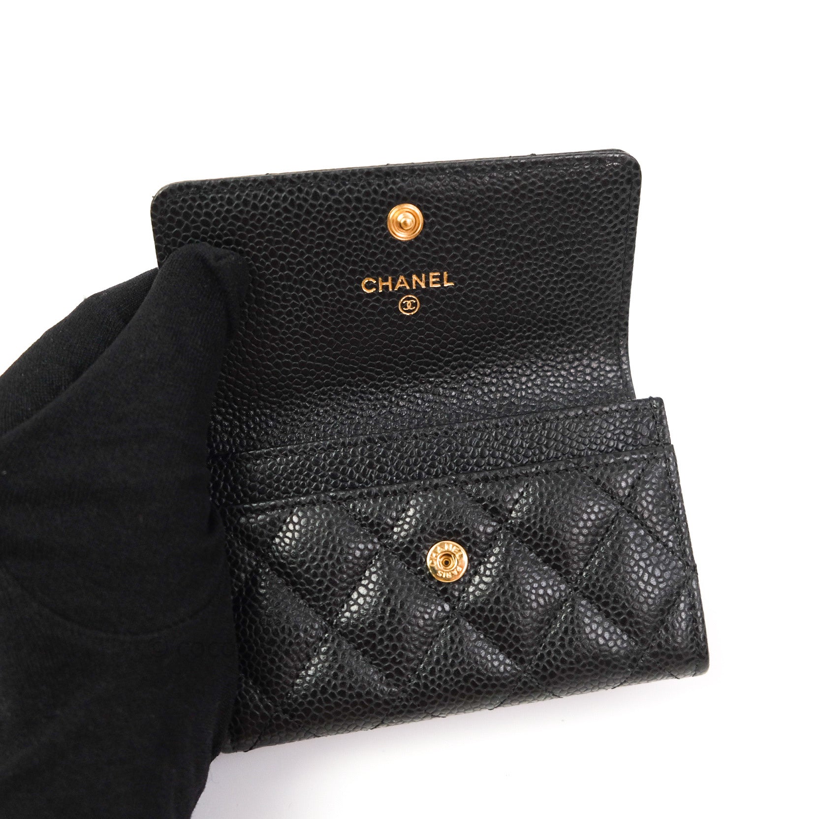 Chanel Black Caviar Leather Card Holder with Gold Snap Button - Compact Wallet for Credit Cards & ID - Perfect for Everyday Use, Travel, and Gifting