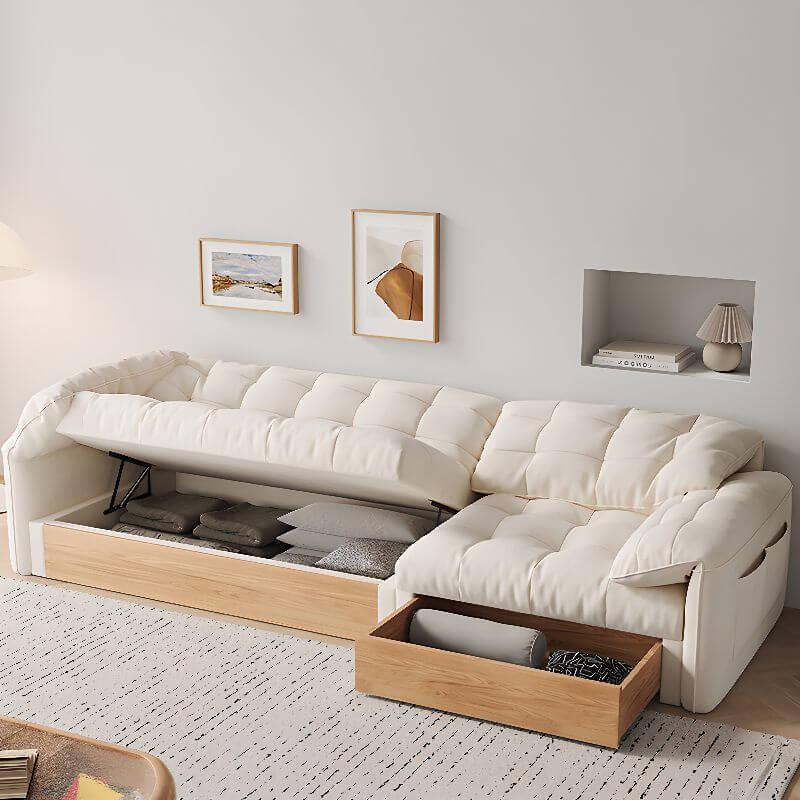 Premium White Oak Wood Sofa with Armrests | Concealed Support & Hidden Storage Compartment | Perfect for Living Room, Lounge & Small Space Furniture