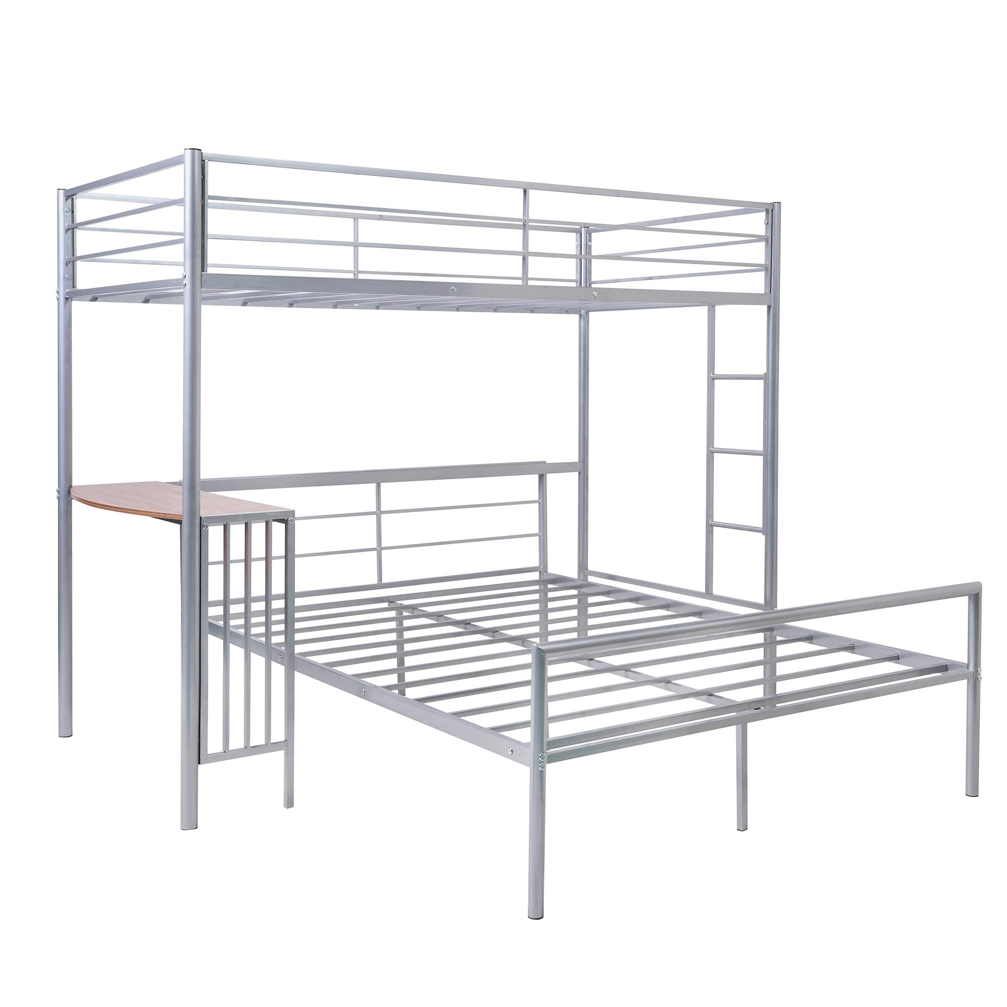 Knocbel Twin Over Full Metal Bunk Bed with Built-in Desk, Ladder & Safety Guardrails - Space-Saving Silver Loft Bed for Kids & Teens - Perfect for Small Bedrooms, Dorms & Guest Rooms