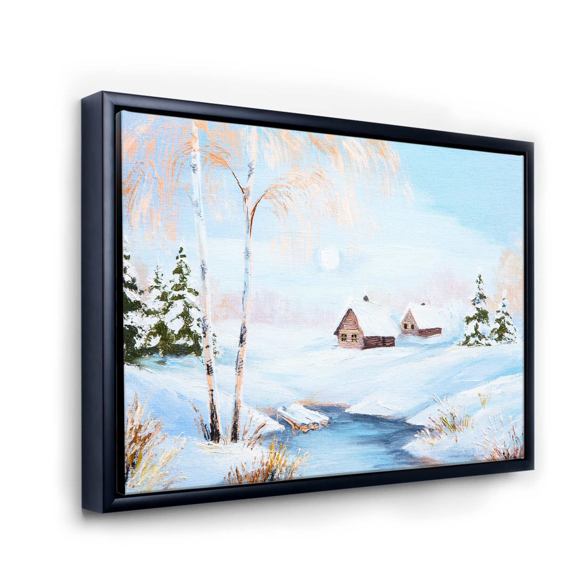 DesignQ Winter Landscape Frozen River In The Forest - Lake House Framed Canvas Wall Art Print | Nature Scene Home Decor for Living Room, Bedroom & Office