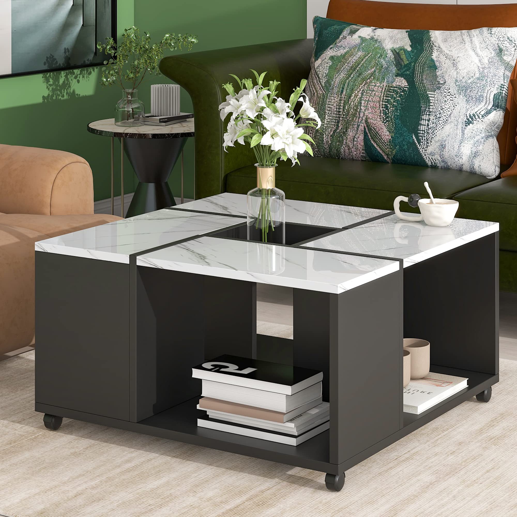 RUNNA Modern 2-Tier UV High-Gloss Marble Coffee Table with Wheels - Square Living Room Center Table with Removable Tray - Corner Accent Table for Small Spaces (White & Black) - Perfect for Apartments, Dorms and Cozy Living Rooms